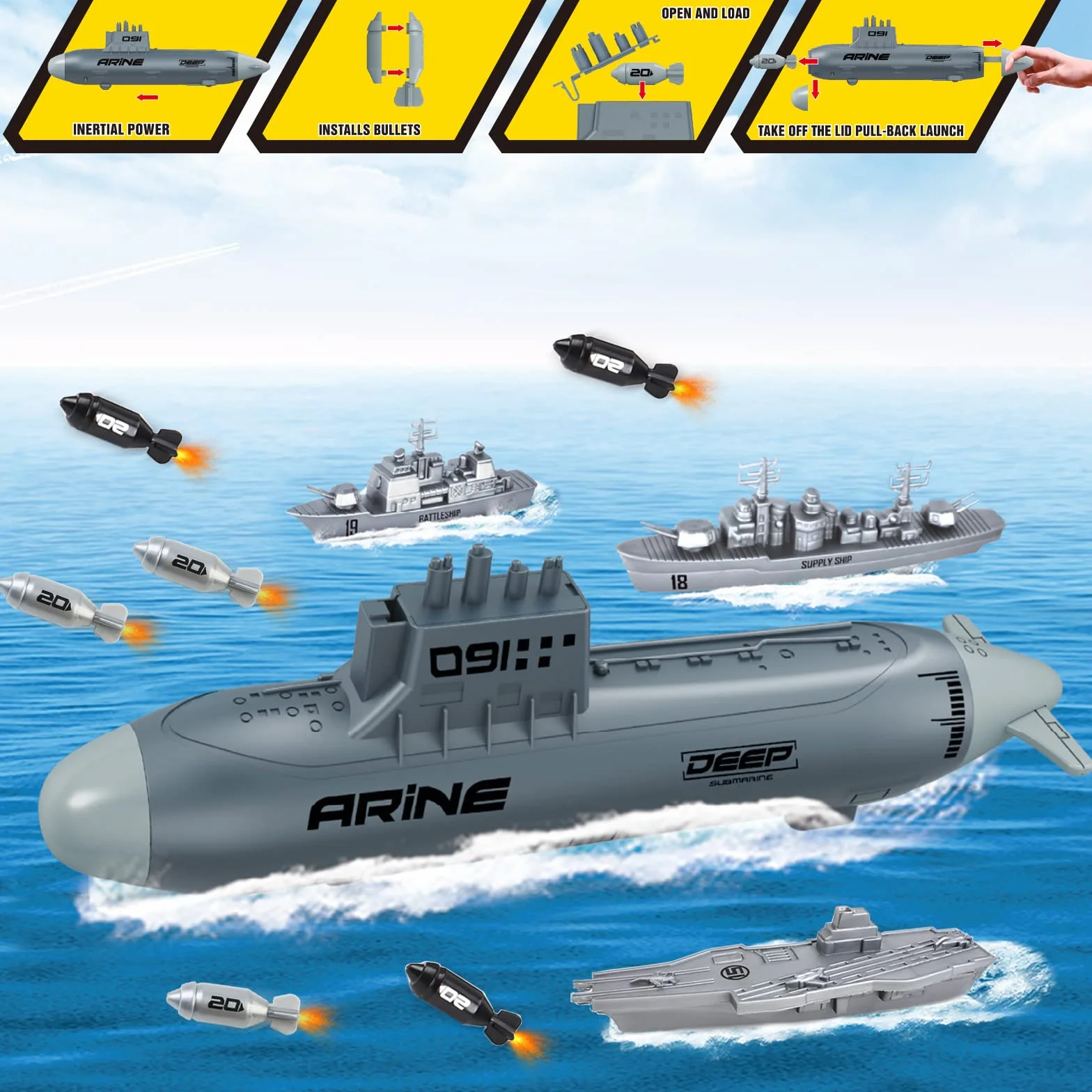 deAO 19 sztuk zabawek wojskowych, z łodzią podwodną, lotniskowcami, okrętami bojowymi, samolotami bojowymi, model Marine zabawka wojskowa