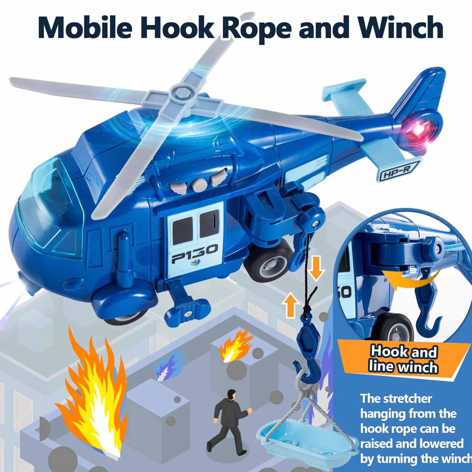 HERSITY Zabawka helikopterowa dla dzieci od 3+ lat, dla chłopców, policyjna helikopter ze światłem i dźwiękiem, śmigło obrotowe, samolot, niebieski, prezent dla małych dzieci w wieku 4, 5, 6 lat