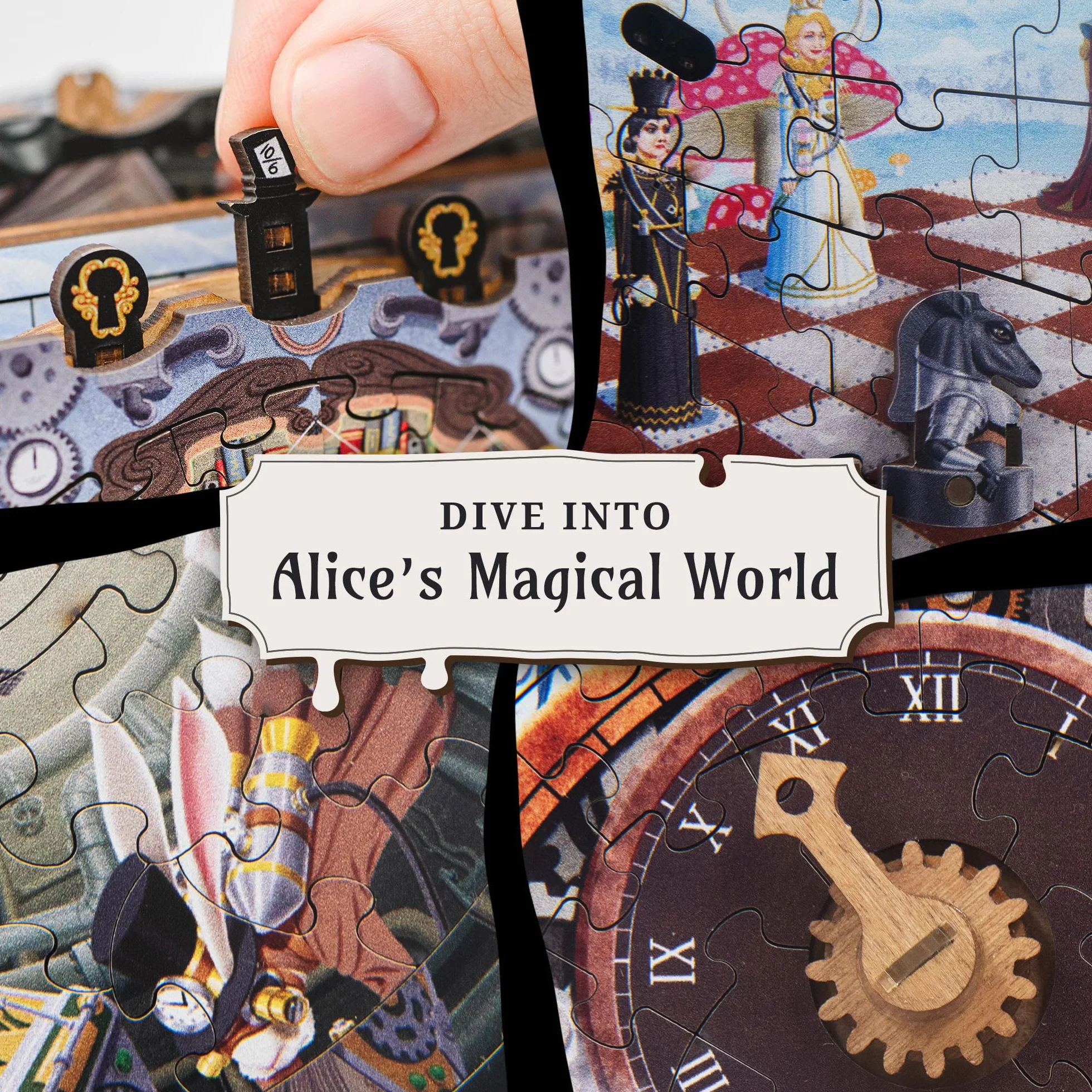 iDventure Cluepuzzle Wonderbox of Alice | gra Escape Room z puzzlami | Alicja w Krainie Czarów 3D | pudełko na prezent | skrzynia skarbów | pudełko na puzzle sekwencyjne | prezent pieniężny | prezent