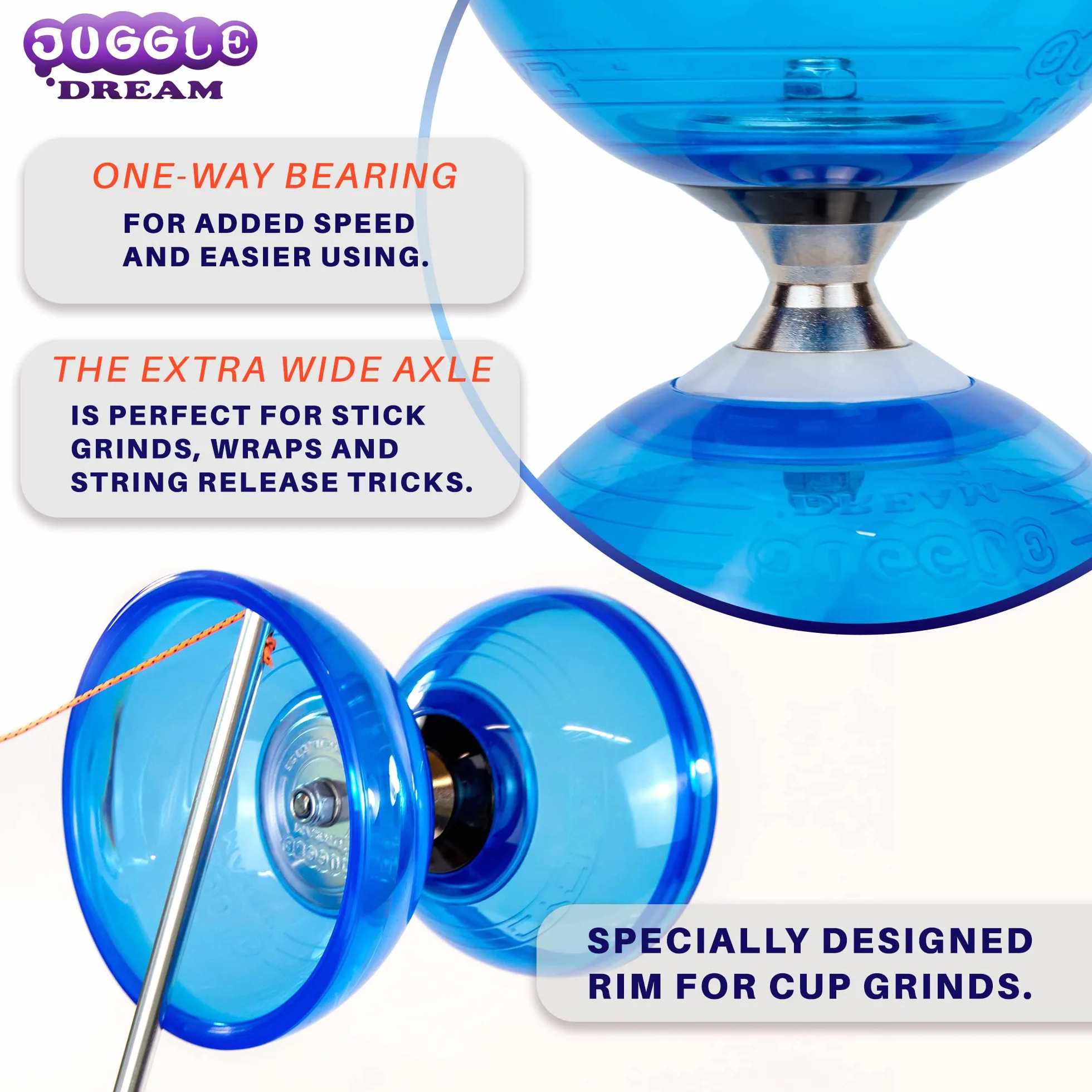 Juggle Dream Cyclone Quartz zestaw do żonglerki Diabolo – profesjonalny bieg z łożyskiem kulkowym, w zestawie aluminiowe pręty, film edukacyjny online – zabawka do żonglowania (niebieski)