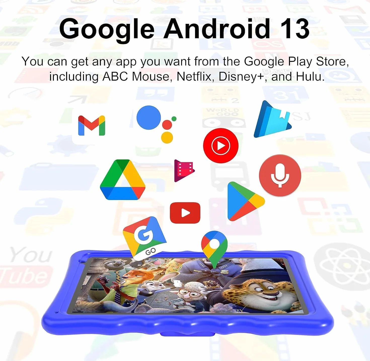 Tablet dla dzieci, tablety dla małych dzieci z odpornym na wstrząsy etui ochronnym, kontrola rodzicielska, podwójny aparat, Bluetooth, WiFi, 10,1-calowy tablet z systemem Android 13 dla dzieci