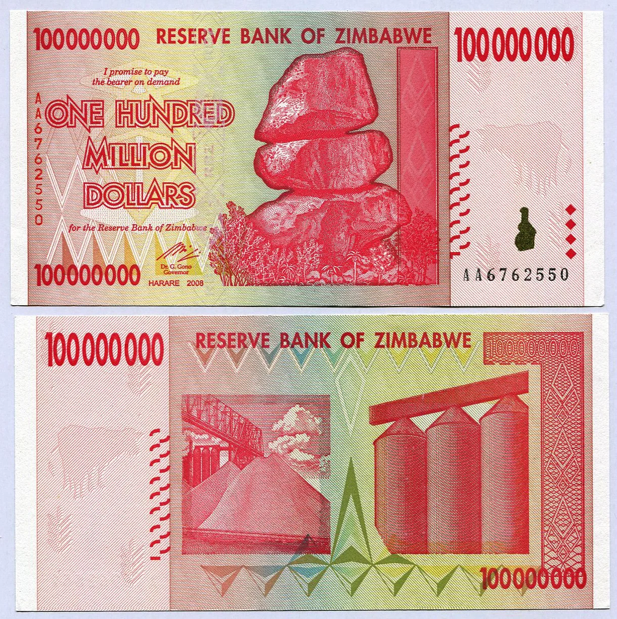 Zimbabwe 100 milionów dolarów 2008 UNC banknot waluty