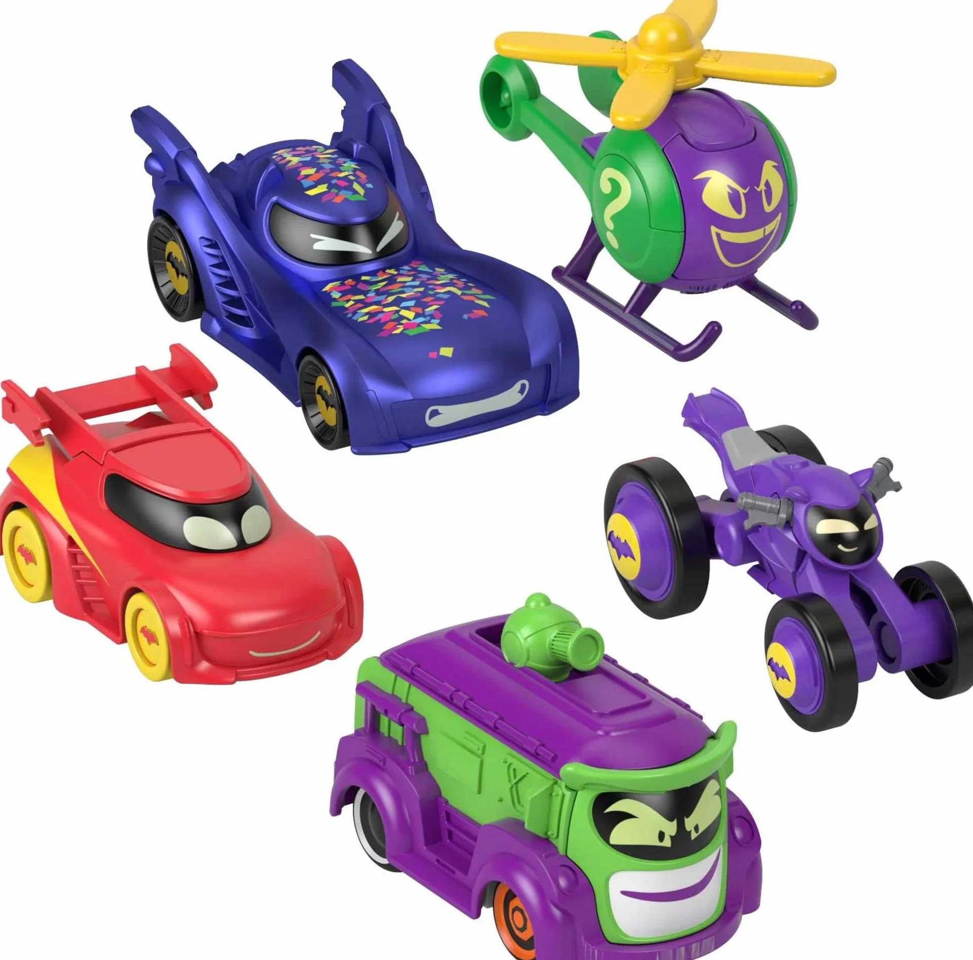 Fisher-Price DC Batwheels Metalowe pojazdy 5-pak w skali 1:55 Batmobil Bam, Redbird, Prank, Bibi i Quizz, metalowe pojazdy Batcast Metal, dla dzieci od 3 roku życia, HML21