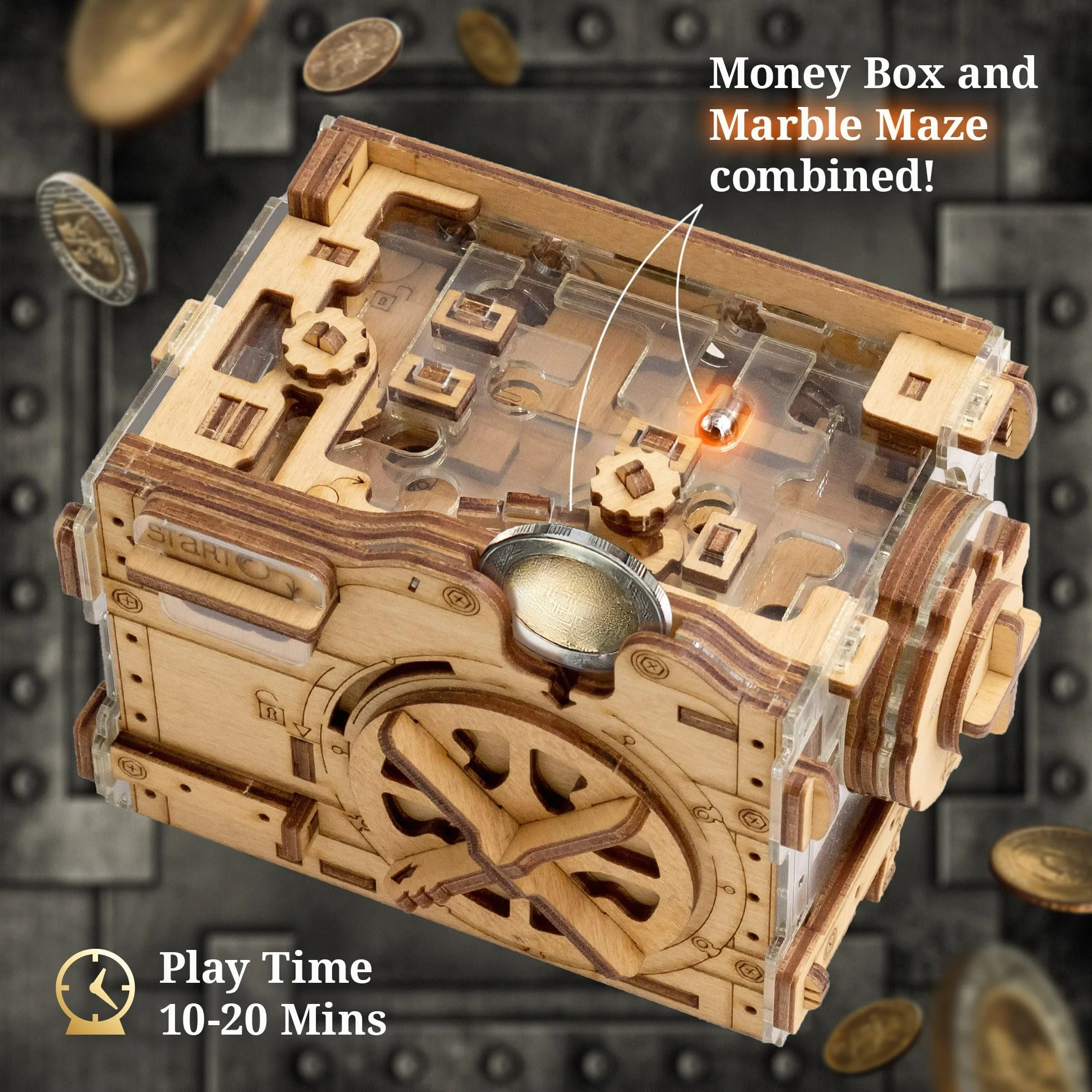 iDventure Amazeing Safe - skarbonka w kształcie kulek, pudełko na prezent, skrzynia skarbów, drewniane puzzle 3D, sekwencyjne puzzle