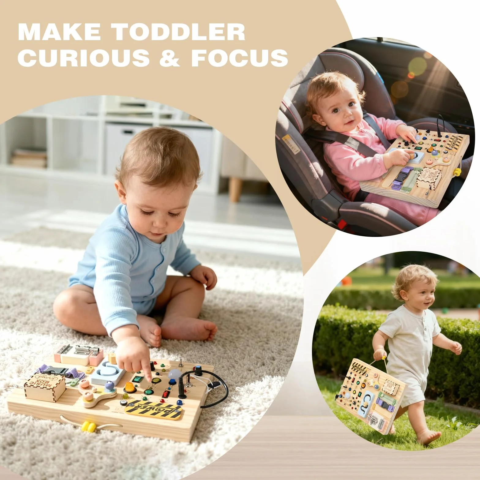 Joyreal Montessori Busy Board 2 w 1 od 1 roku życia, drewniana zabawka motoryczna, sensoryczna zabawka Montessori z 20 diodami LED, 19 motoryki, prezent dla 1, 2, 3 lat, dla chłopców i dziewczynek