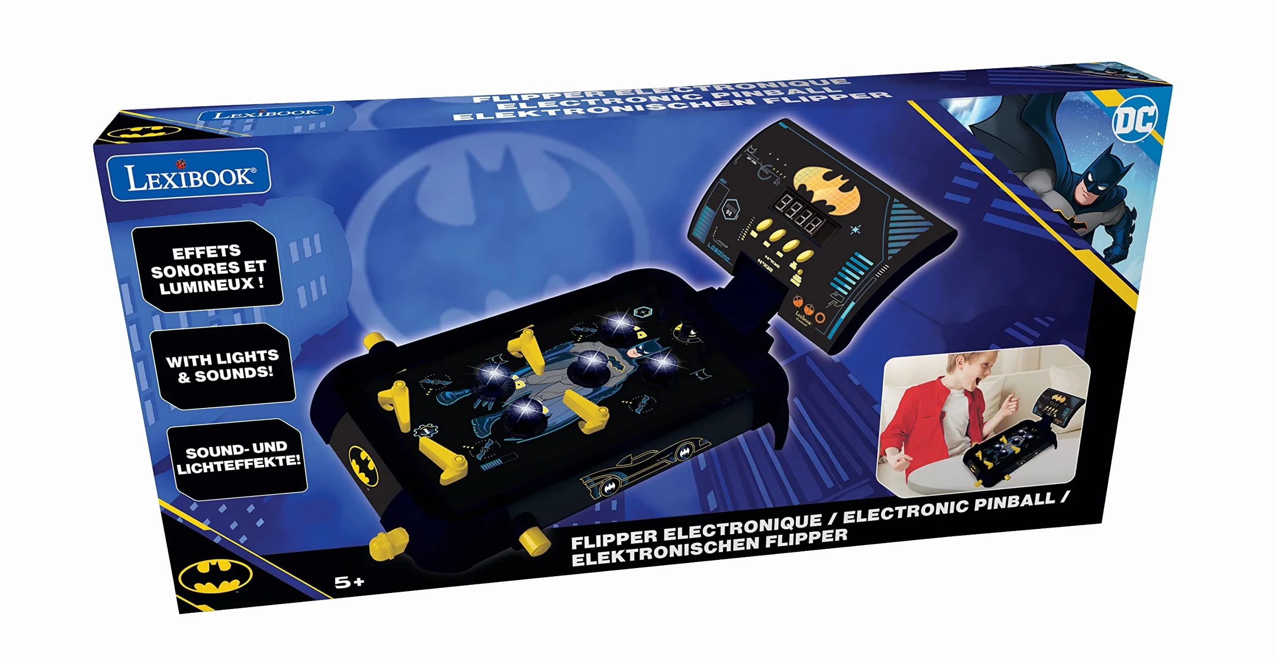 Lexibook JG610BAT Batman Elektroniczna Maszyna do Pinballa, Zabawne Dźwięki i Efekty Świetlne, 5 Przeszkód, Działa z 3 Bateriami Lr14, Czarny, Żółty