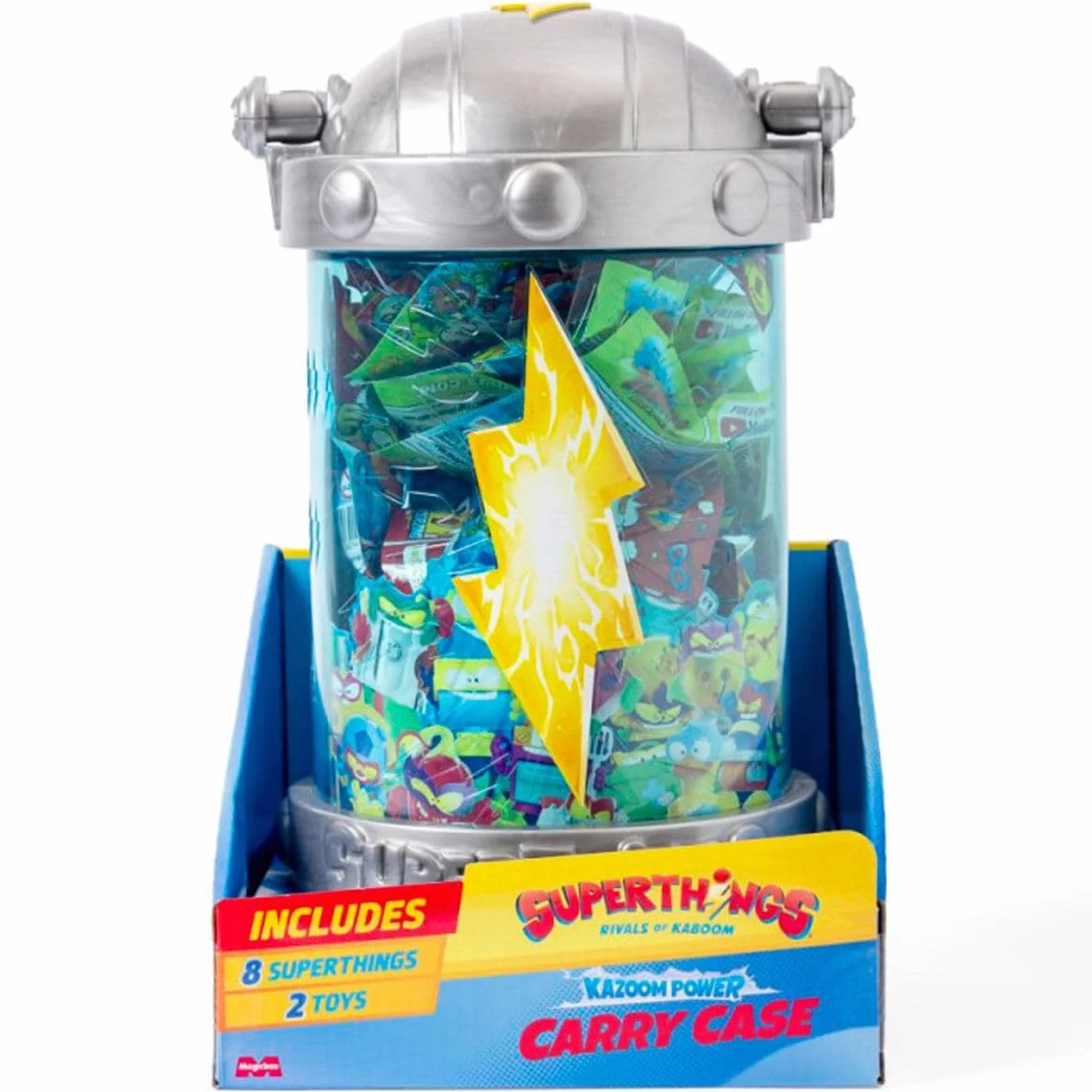 SUPERTHINGS KAZOOM Power - Carry Case. Kapsuła w kształcie Kazoom do transportu i przechowywania Twoich superthingów, w zestawie 1 etui na zakupy, 8 figurek niespodzianek, 1 Hideout i 1 Megaet