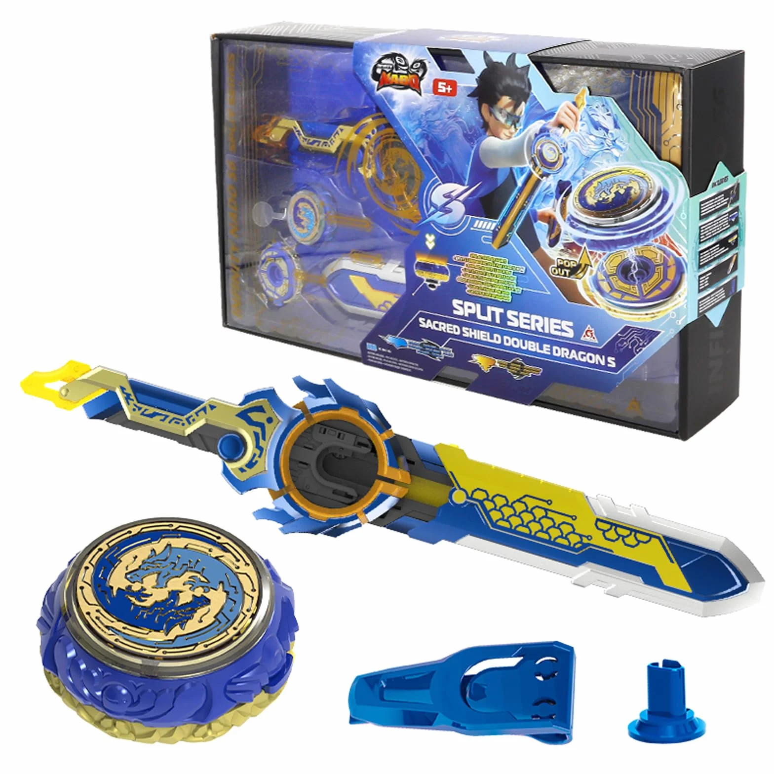 Infinity Nado Beyblade Nado Spinning Top, metalowa zabawka dla chłopców od 5 lat, seria Split – Sacred Shield Double Dragon S