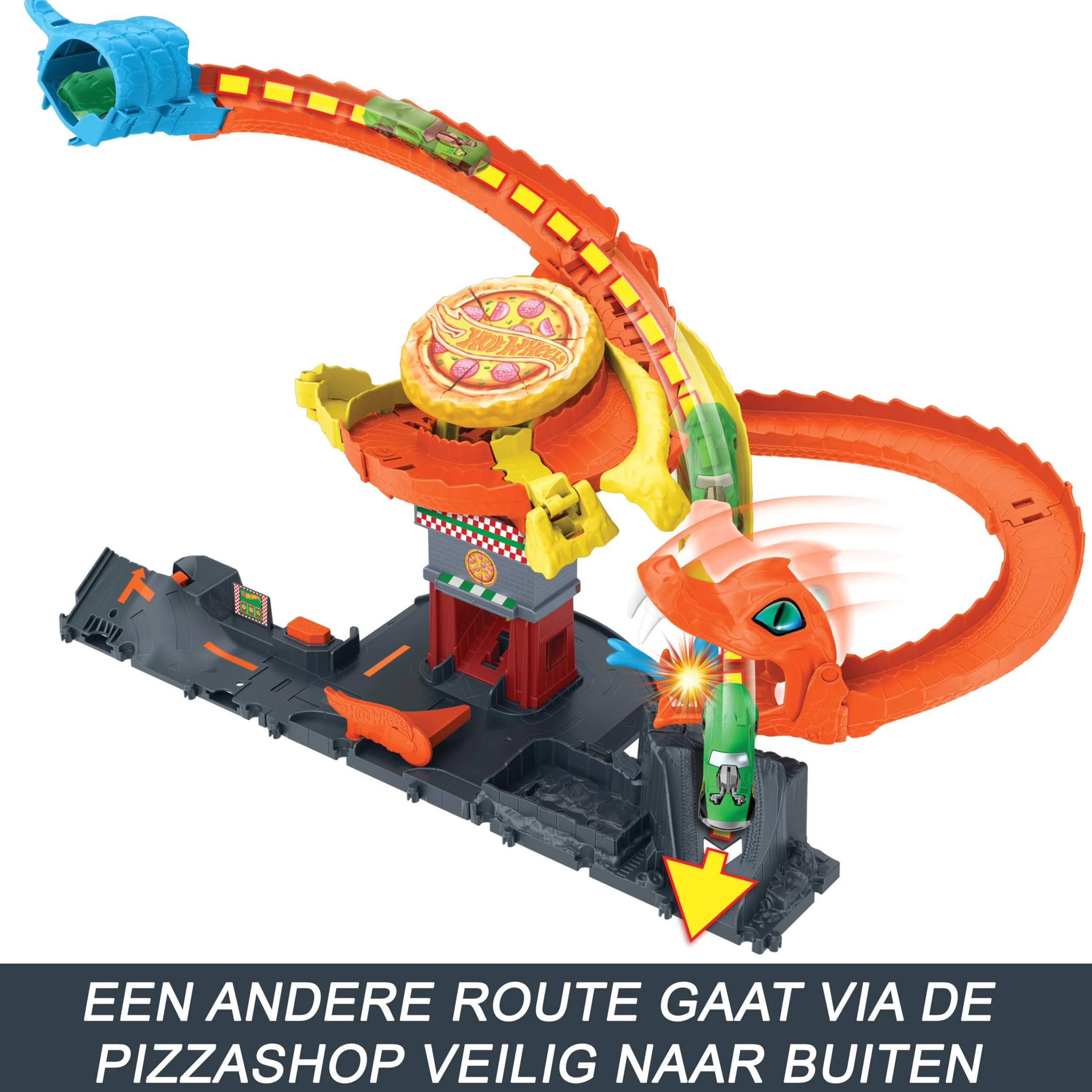 Hot Wheels City Let's Race – Na start! - Netflix - Odjazdowa pizza – Atak kobry Zestaw ze spiralnym torem w kształcie ogona kobry i autkiem w skali 1:64, HTN81