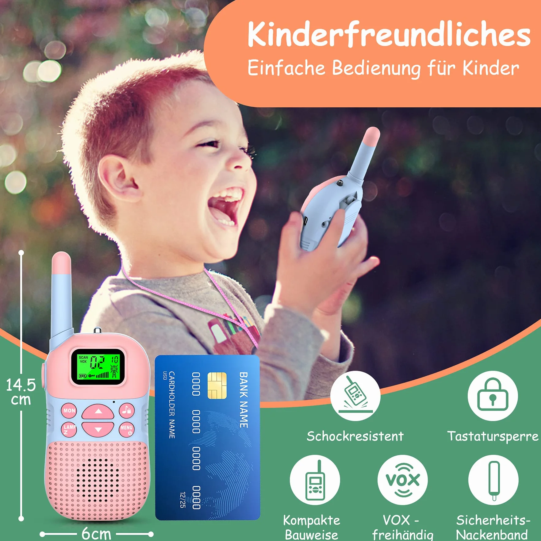 Kidsfun 2×Walkie Talkie dla Dzieci, USB Ładowanie Zabawka na Zewnątrz Walkie Talkie z Latarką, Prezent dla Chłopców i Dziewcząt od 3 Lat, Zasięg 3 Mile na Zakupy, na Zewnątrz, Camping
