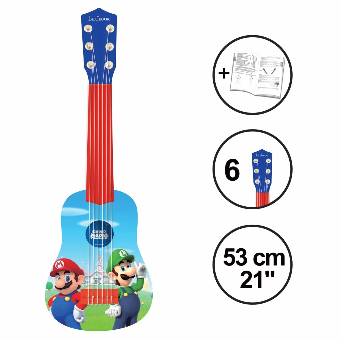 Lexibook Nintendo Mario Luigi My First Guitar, 6 Strun Nylonowych, 53 cm, Przewodnik w Zestawie, Niebieski, Czerwony, K200NI