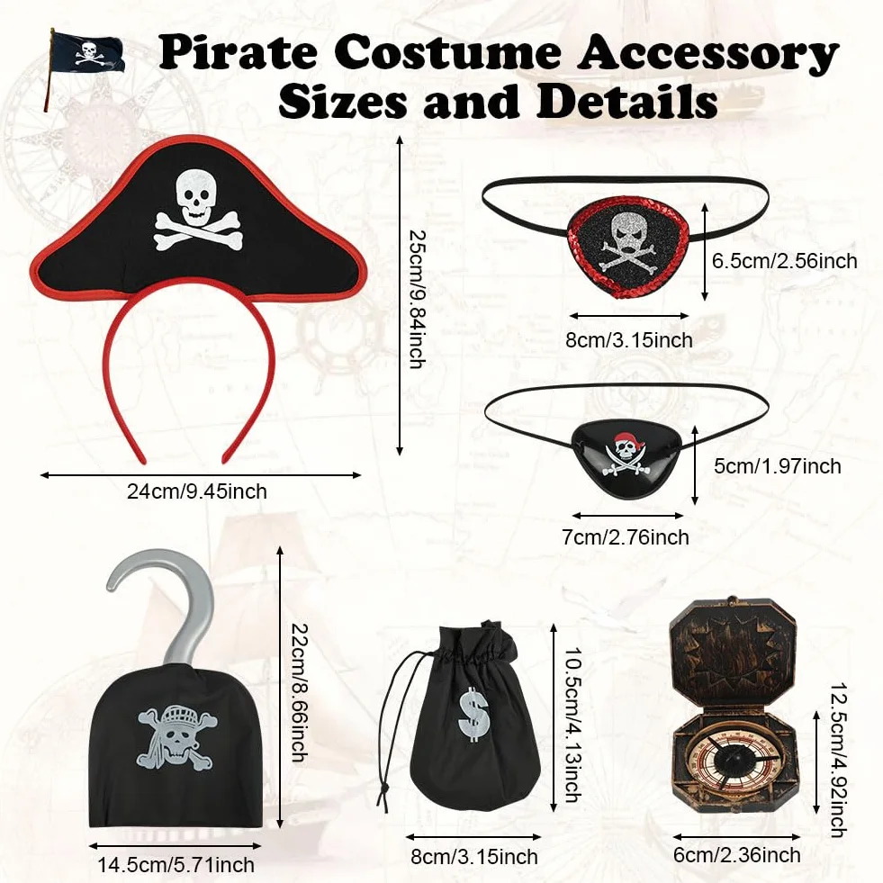 AUYAO Kostium piratów dla dzieci, 7 szt. Zestaw kostiumów piratów z sukienką, kapeluszem i naszywką na oko, zestaw dla dziewczynki Buccaneer, kostium na Halloween dla dziewczynek na karnawał, imprezę