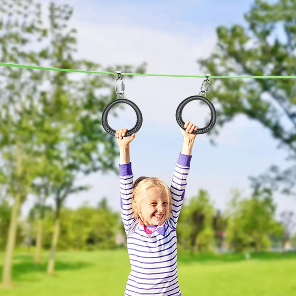Dolibest 2PCS Round Trapeze Swing Bar Rings with Carabiners, Swingset Accessories Outdoor for Ninja Swing Set Accessories Monkey Ring, Obstacle Ring Swing Toys Set for Kids Black
