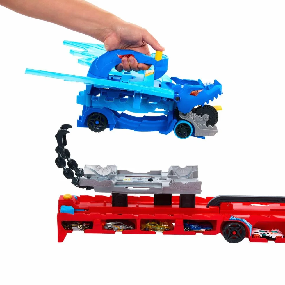Hot Wheels City zestaw zabawkowych samochodów 2 w 1 i 2 samochody Die-Cast, duży smok i zdejmowany smok, z miejscem na ponad 20 pojazdów, JKJ79