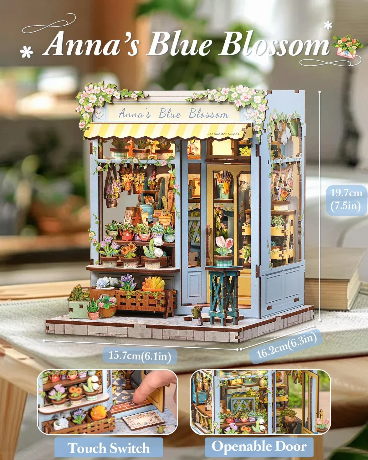 CUTEBEE Book Nook Kit-Zestaw Domku Dla Lalek do Samodzielnego Złożenia,Drewniana Podpórka do Książek 3D,Kreatywna Dekoracja na Półkę,Prezent(Anna's Blue Blossom)
