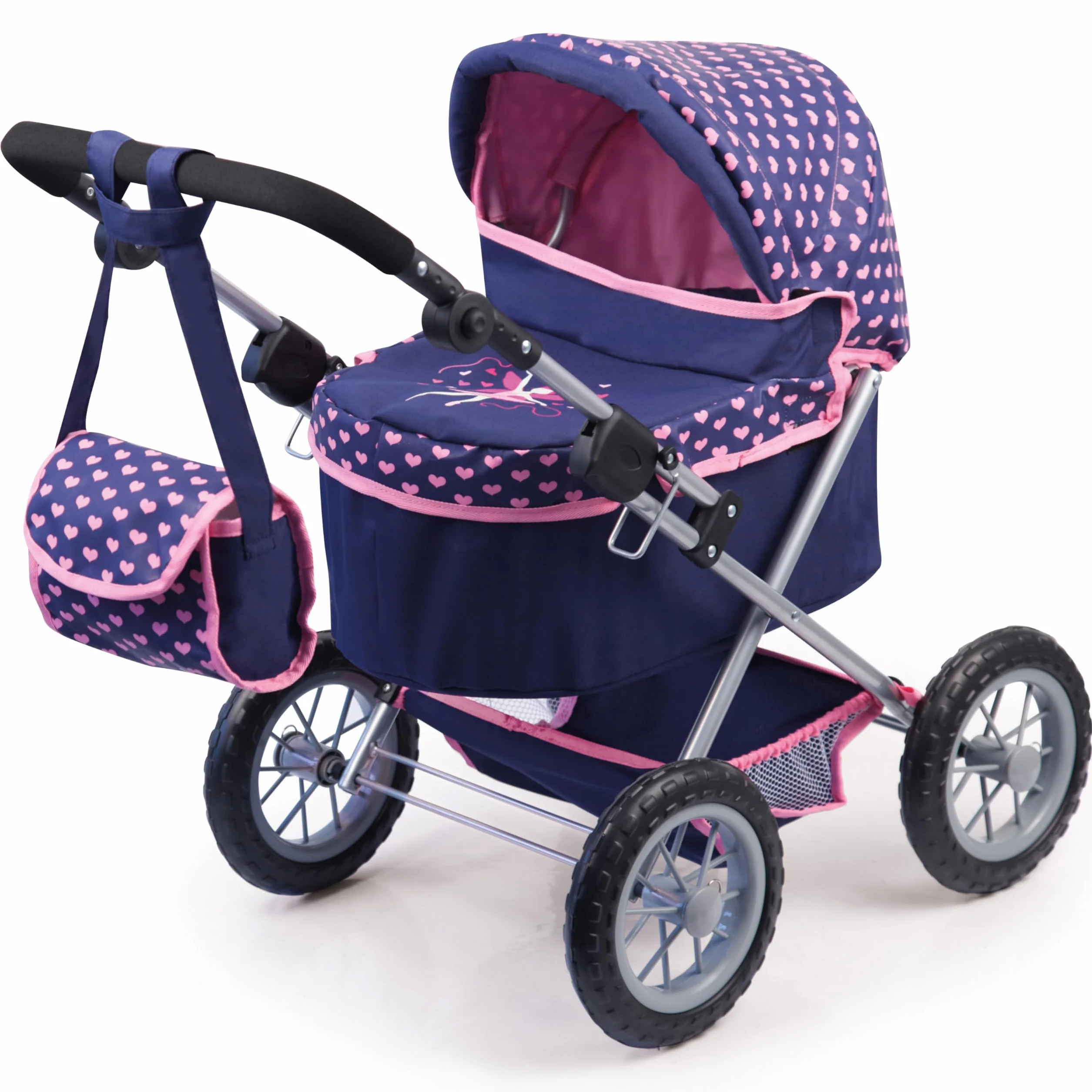Bayer Design 13052AA Wózek dla lalek Trendy z torbą, regulowaną rączką, składany, zintegrowanym koszem, dużymi kołami, dla chłopców i dziewczynek od 3 lat