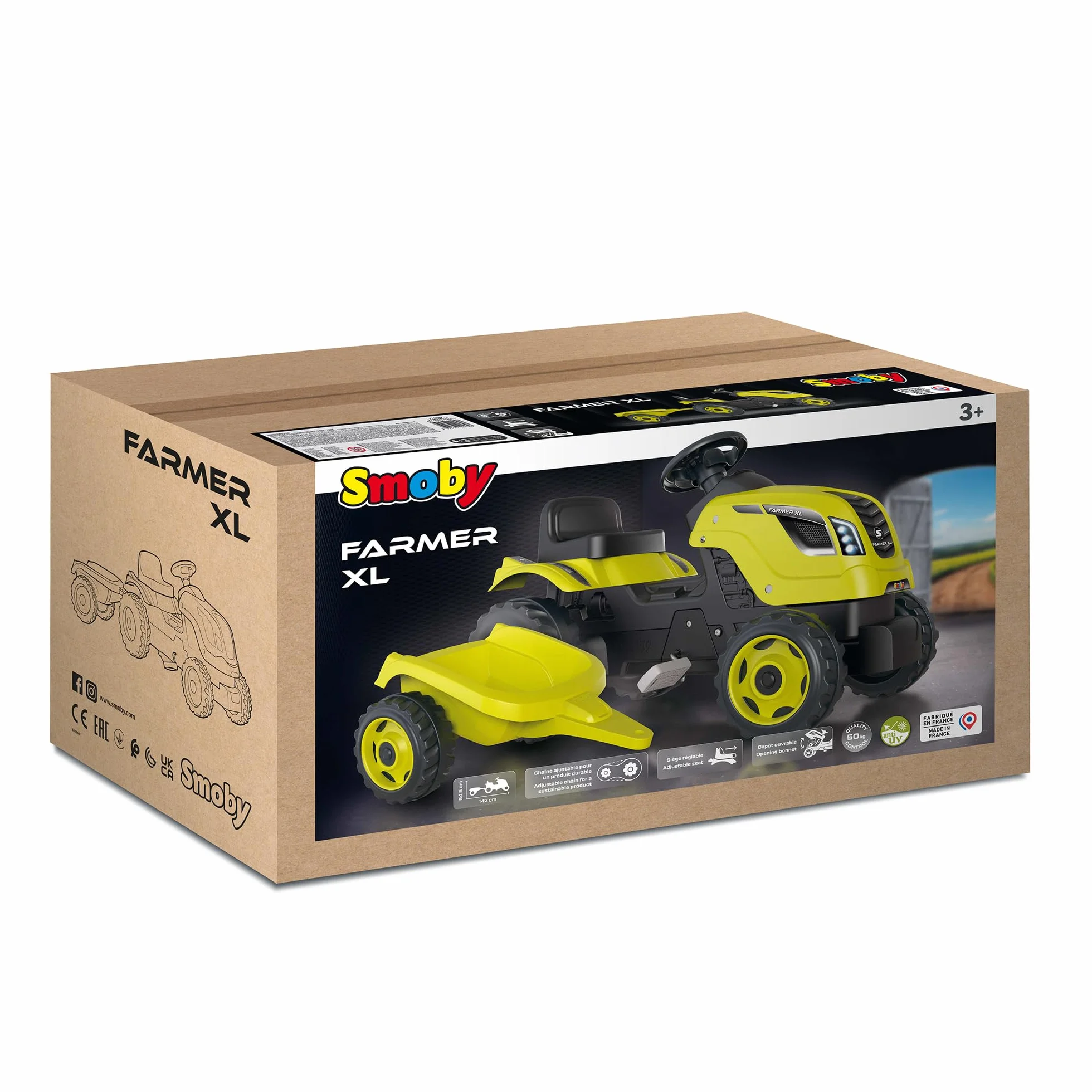 Smoby - Farmer XL Zielony Traktor + Przyczepa - Traktor na pedały dla dzieci - Regulowane Siedzenie - Kierownica z Klaksonem - Otwierana Maska - Od 3 Lat - Wyprodukowano We Francji