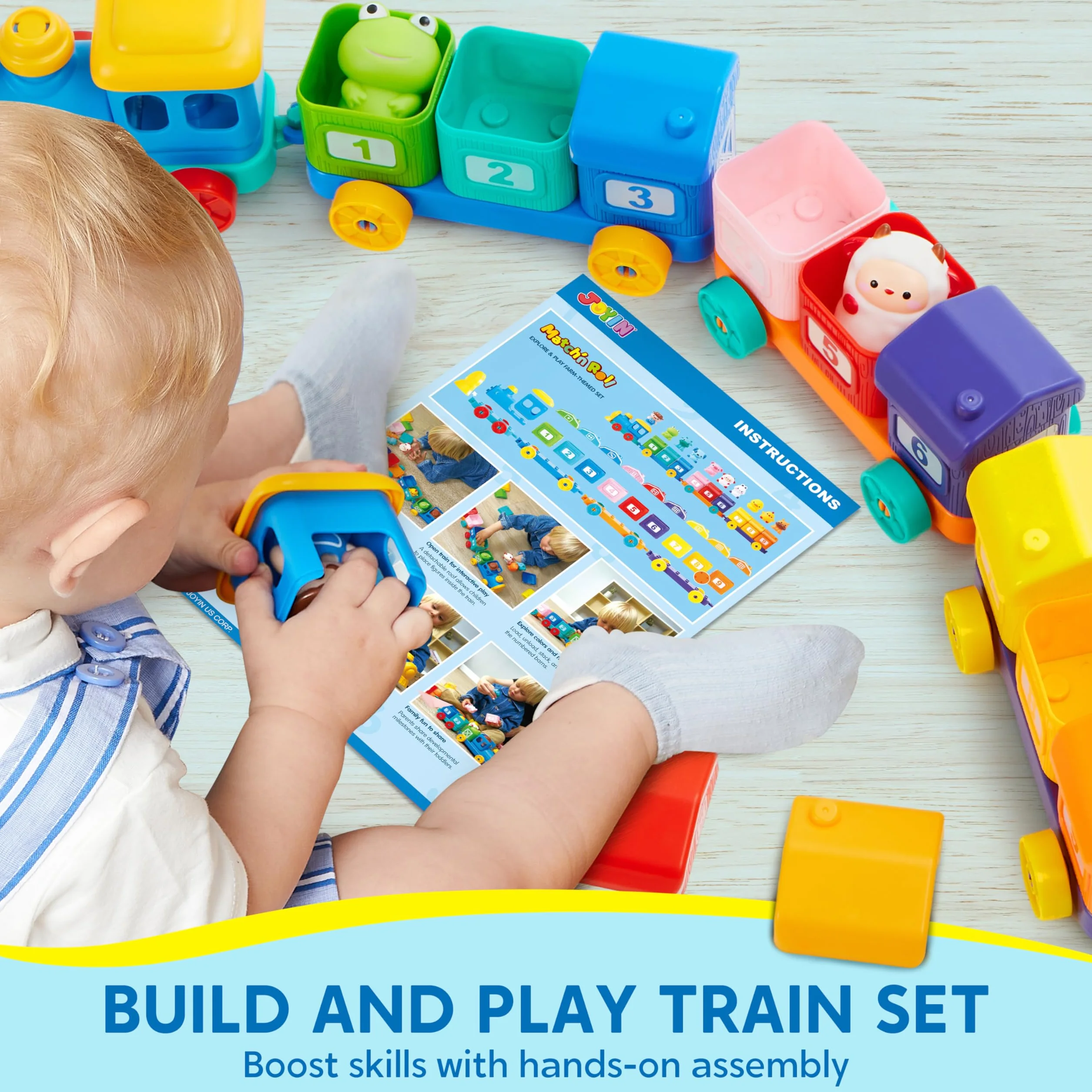 Play-Act Montessori zabawka dla dzieci od 1, 2, 3 lat, pociąg edukacyjny do liczenia, przyporządkowania i sortowania, w zestawie: 9 zwierząt gospodarskich i 1 rolnik, zabawka edukacyjna, prezent dla