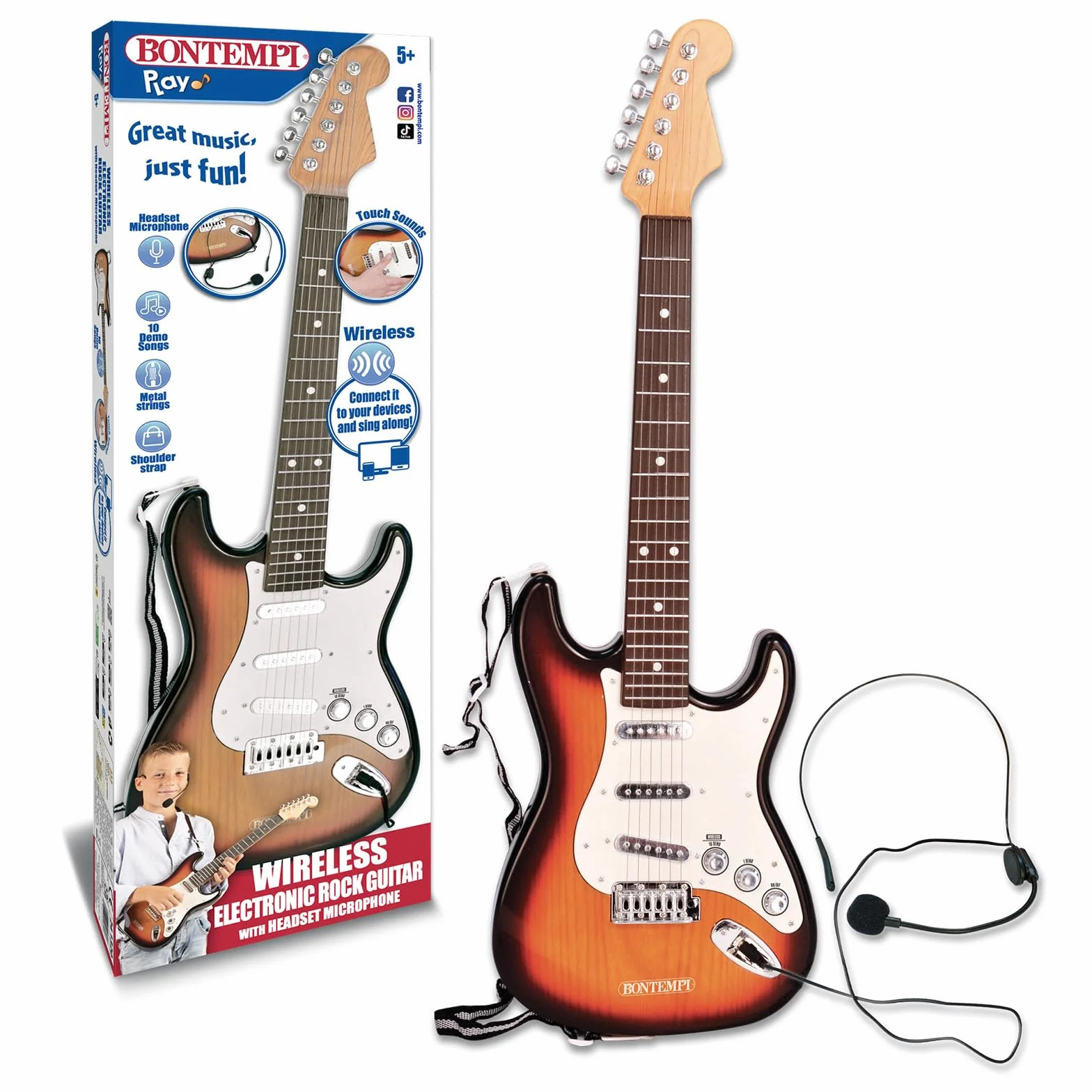 BONTEMPI - Rock On Bezprzewodowa Elektroniczna Gitara Rockowa z Mikrofonem na Głowę, Pasek na Ramię, 10 Wstępnie Nagranych Utworów, 67 cm