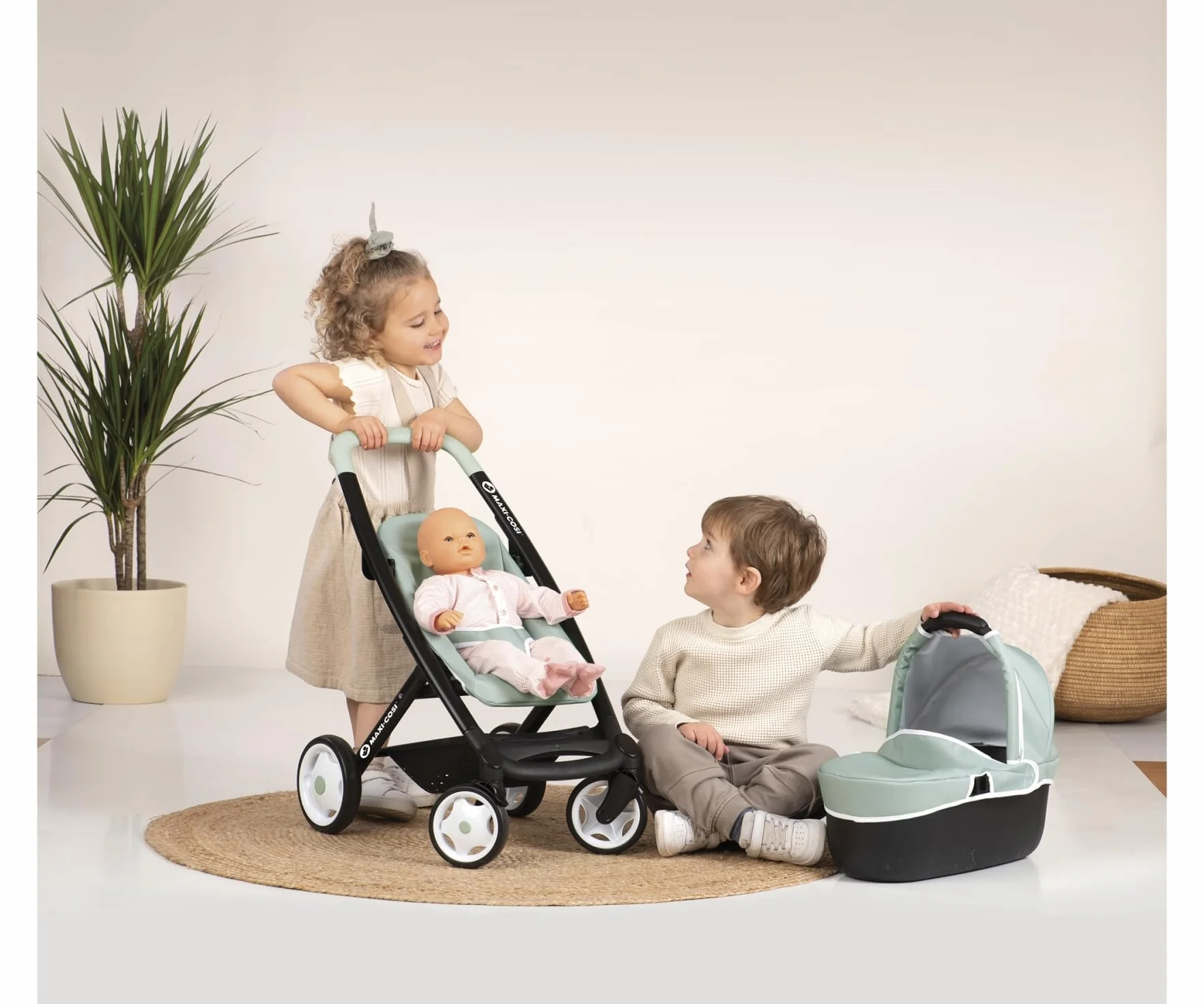 Smoby7600253120 Maxi Cosi & Quinny Wózek głęboki 3w1 dla lalki do 42cm, gondola, spacerówka z koszykiem, wysokość rączki 64 cm