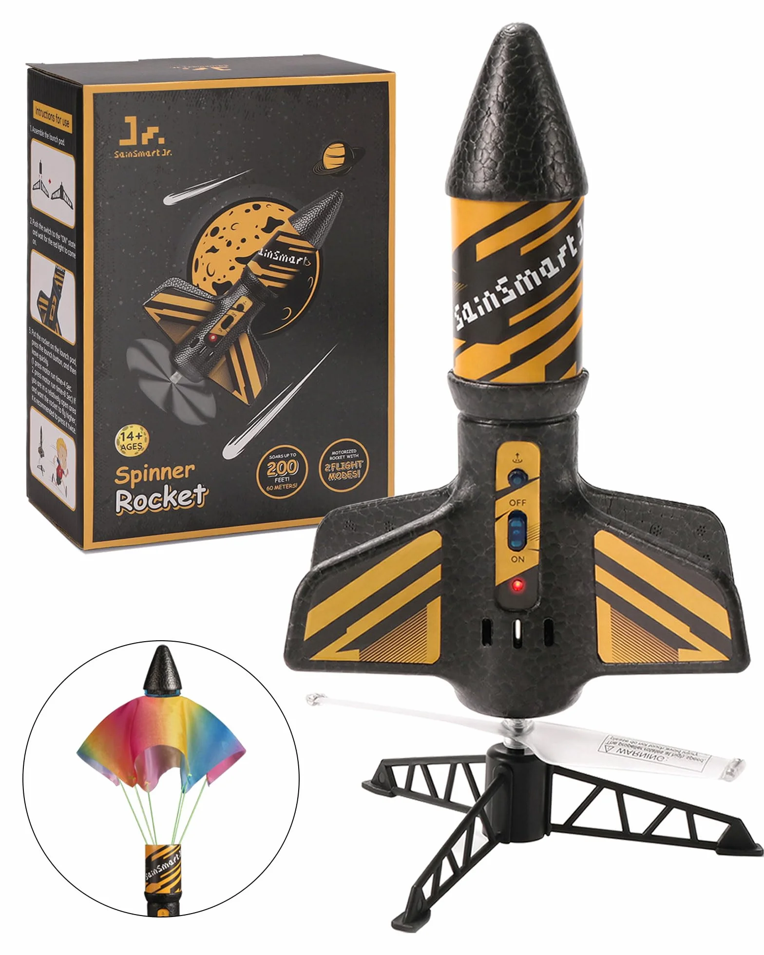 SainSmart Jr. Zabawka rakietowa – zmotoryzowana rakieta ze spadochronem, start do 61 m, zabawka outdoorowa dla dzieci w wieku 8-12 lat (czarna)