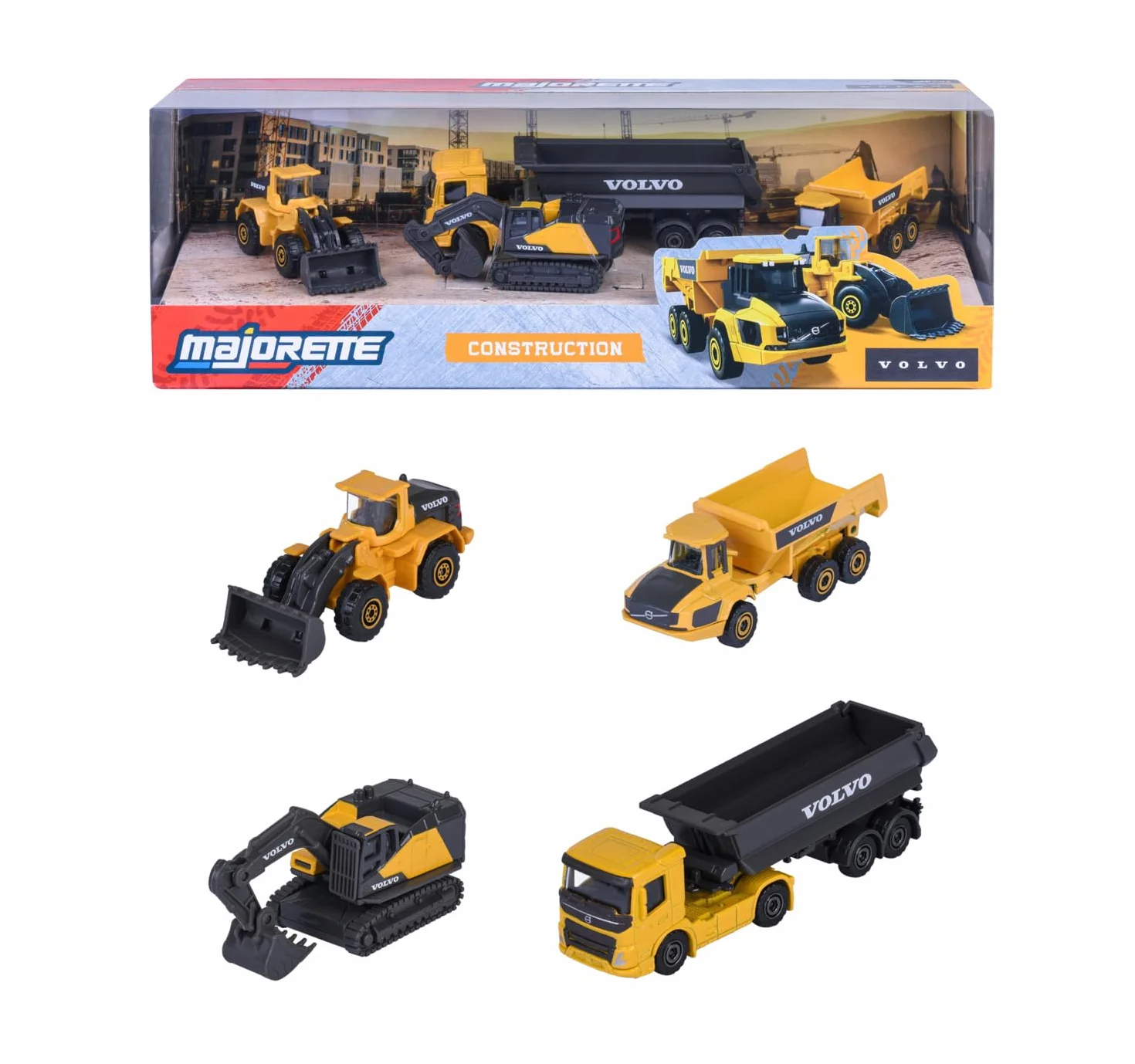 Majorette 212057287 VOLVO 4-częściowy zestaw prezentowy 4 pojazdy budowlane metalowe die cast: koparka, wywrotka, ciężarówka, spychacz - ładowarka, zabawa w piaskownicy dla dzieci od 3 lat