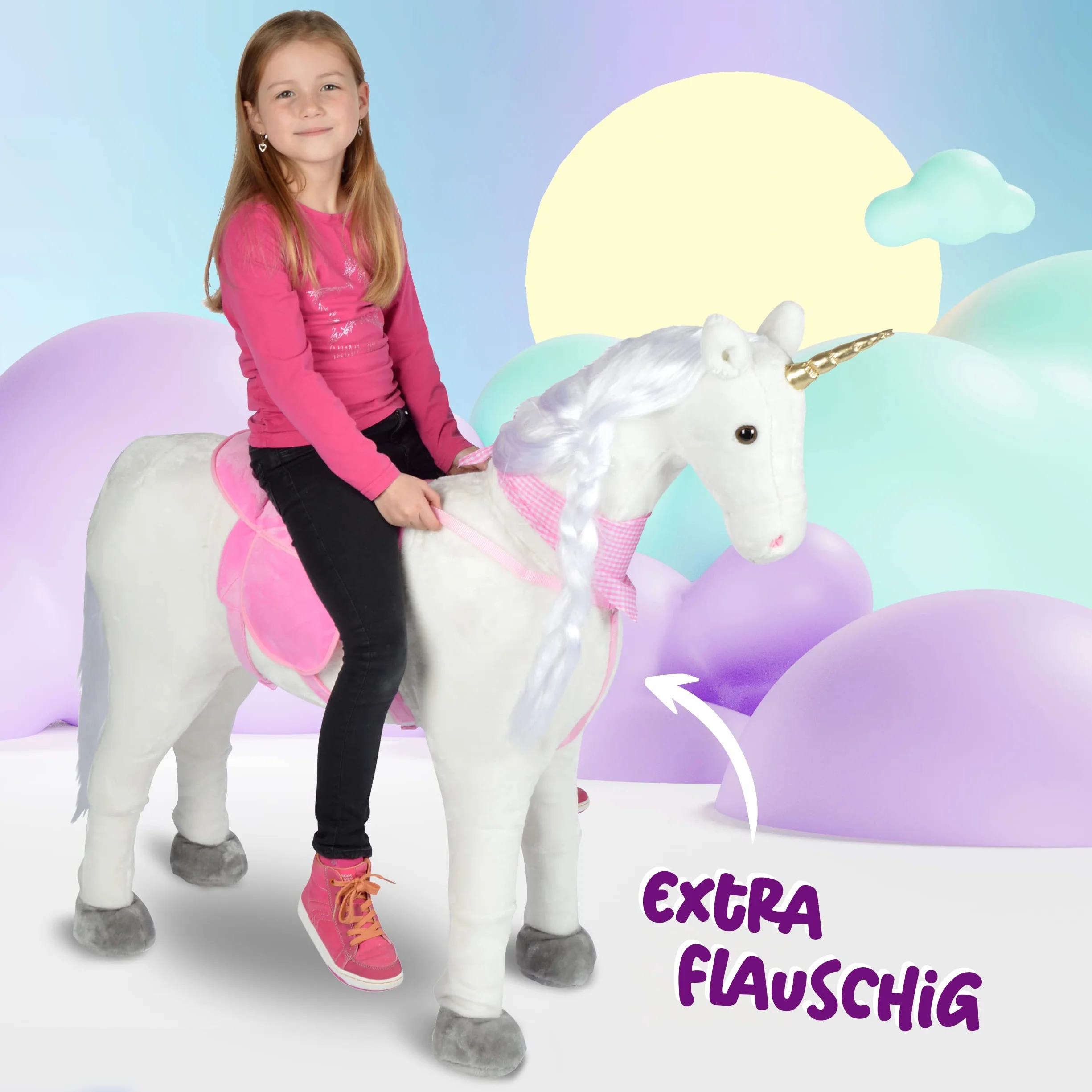 Riesen-einhorn Pink Papaya Pluszowy koń XXL 105 cm – ogromny XXL do jazdy konnej, wspaniały do 100 kg, zabawny koń ze szczotką do siedzenia – marzenie dzieci