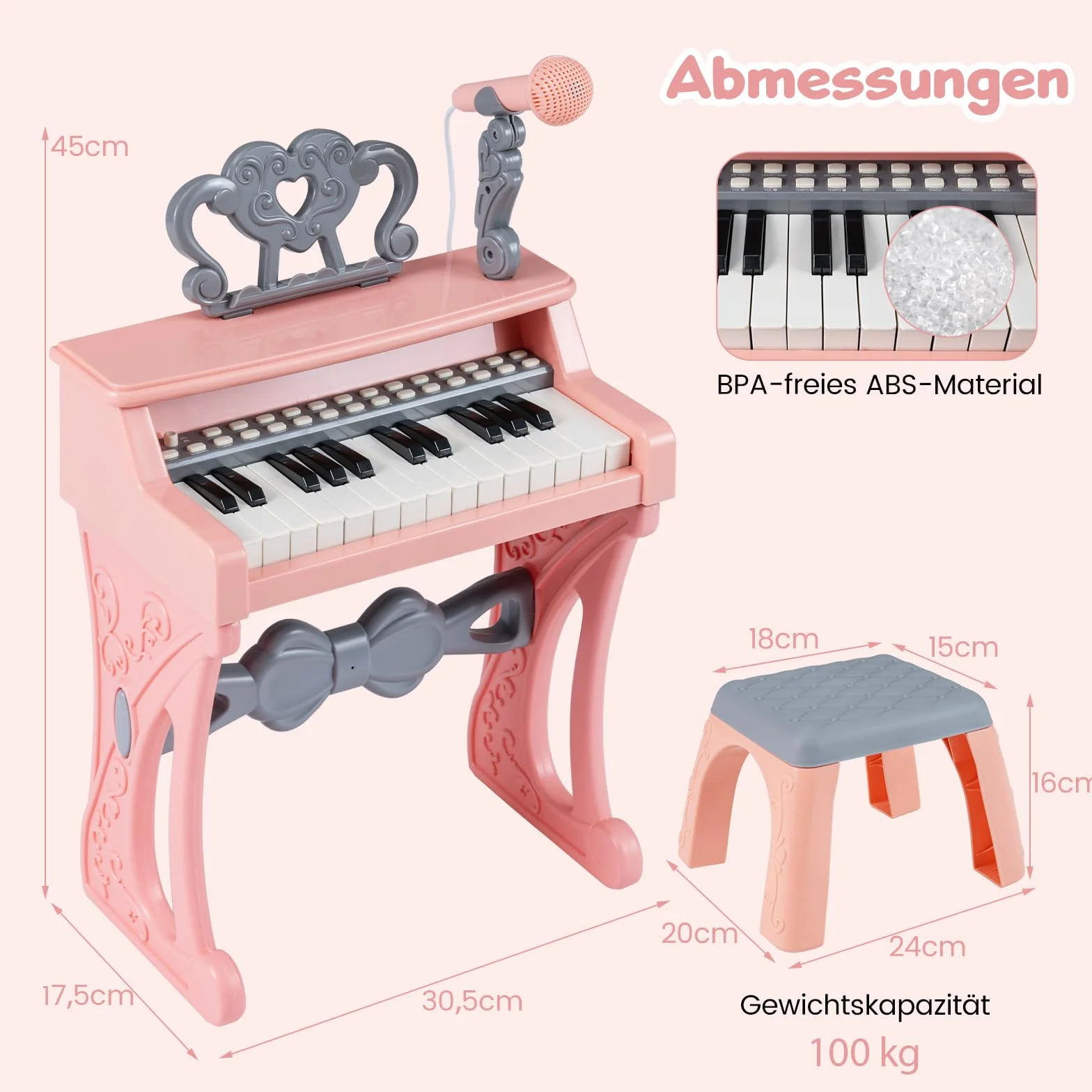 COSTWAY Klawiatura dla dzieci z 25 przyciskami, elektroniczna z taboretem, mikrofonem i stojakiem na nuty, przenośny instrument muzyczny, pianino dziecięce, klawiatura fortepianowa dla dzieci od 3 lat