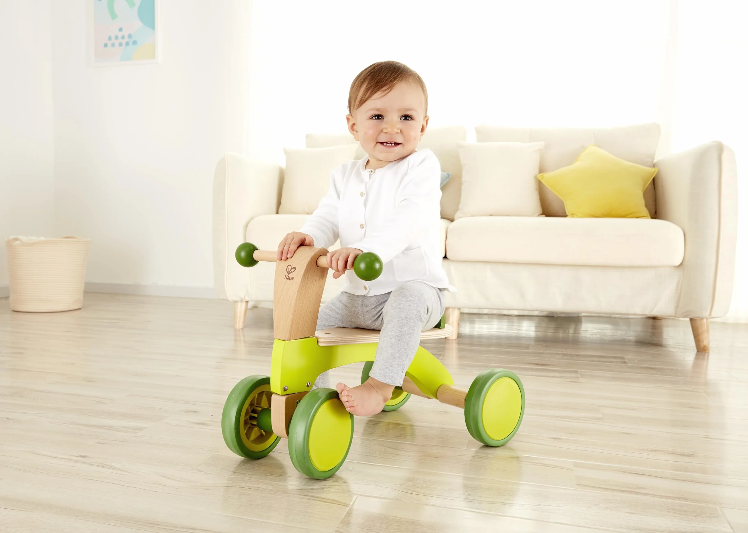Hape Scoot-Around Balance Bike 4-Wheeled Sustainable Wood Rubber Tyres Bright Green