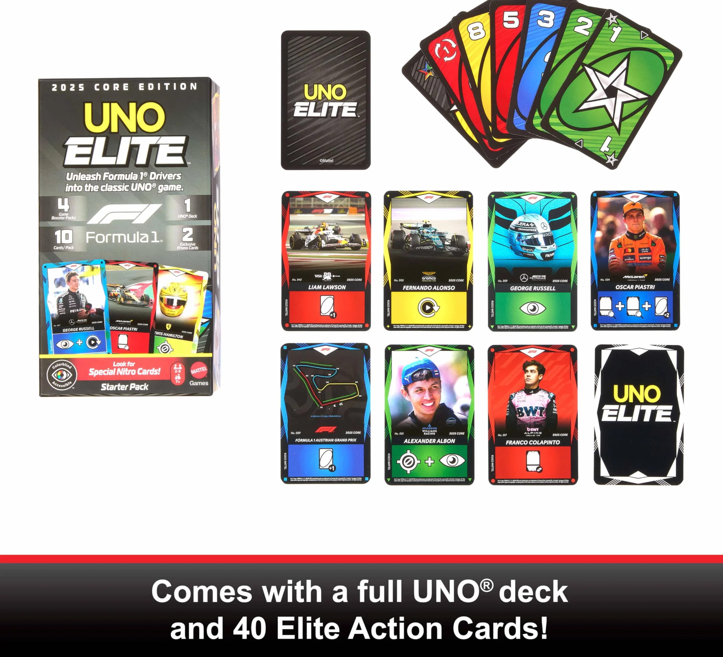 Mattel UNO Elite Formuła 1 2025 Edycja podstawowa Starter Pack Zestaw startowy; gra karciana, 4 Booster Packi i 2 karty Promo, towarzyska i rodzinna gra dla fanów i dzieci 7+, JLV42