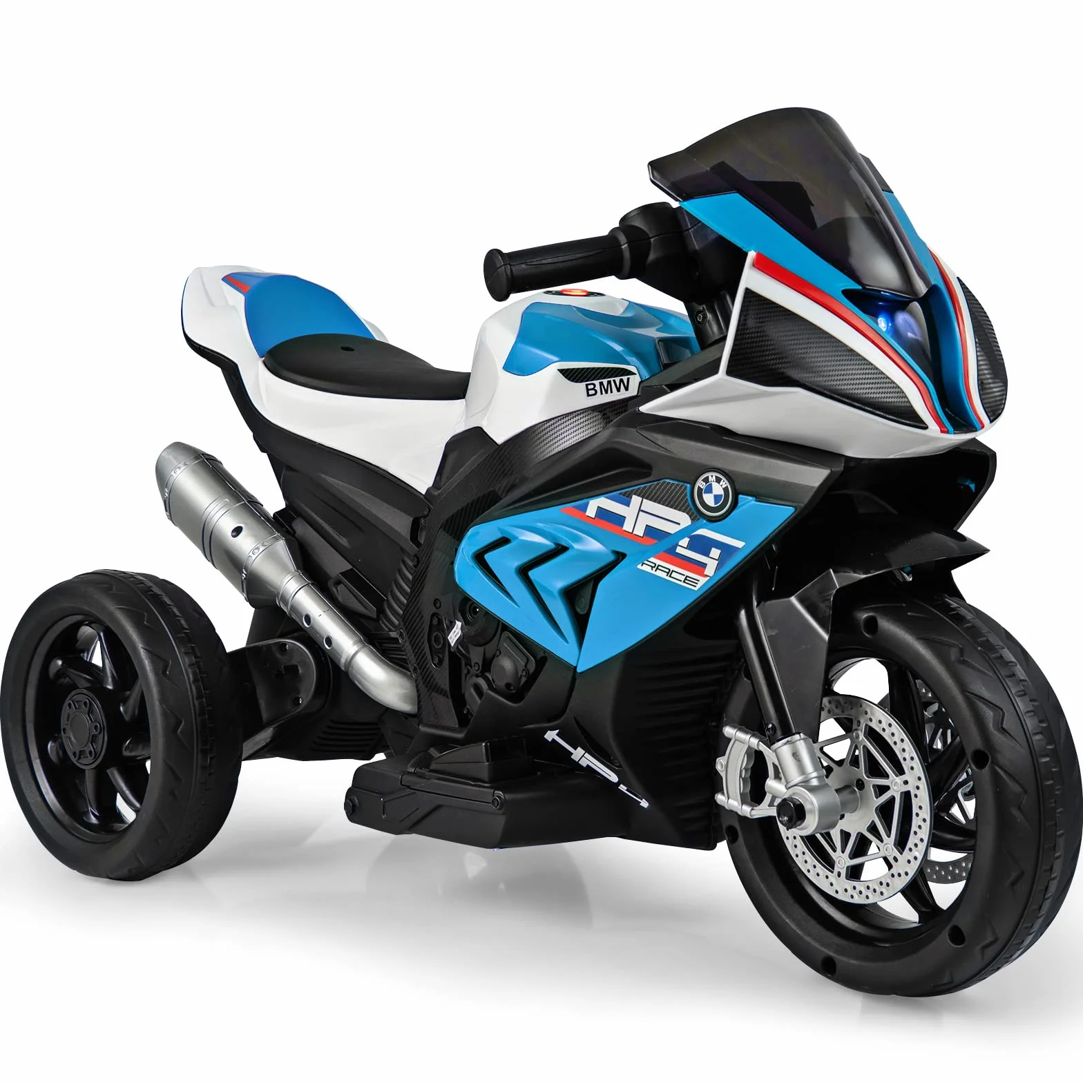 COSTWAY Motocykl elektryczny BMW 6 V z muzyką i reflektorem, trójkołowy motocykl dziecięcy do 3 km/h, motocykl elektryczny z 2 kółkami podporowymi, odpowiedni dla dzieci od 3 lat (niebieski)