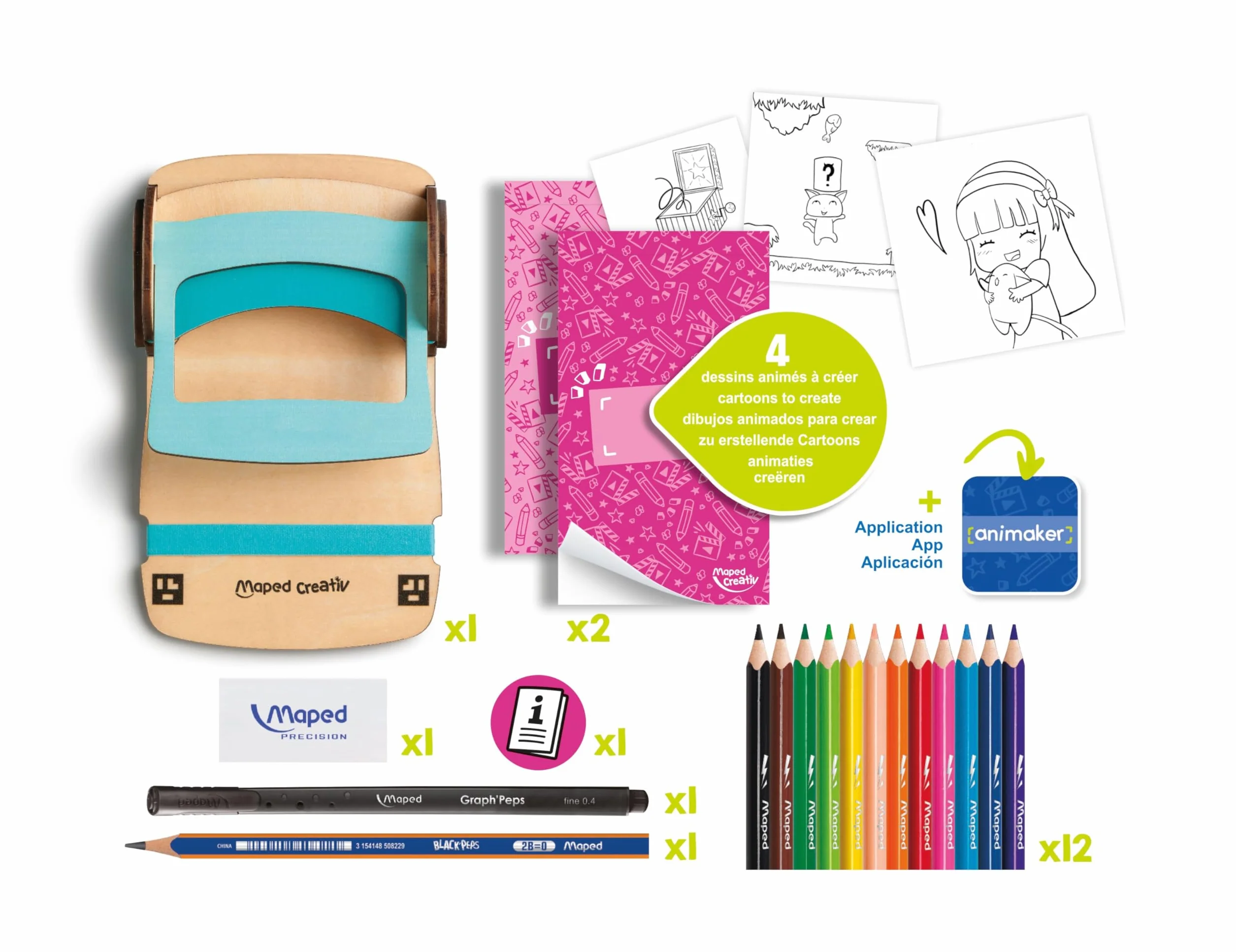 Maped Creativ - Animaker Flip Poetic - Tworzenie rysunków - Kompletny zestaw z notatnikiem i pomocnikiem do tworzenia Flipbooka + ołówkami i akcesoriami Dostęp do aplikacji Animaker - od 7 lat