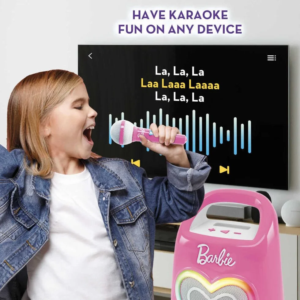 Lisciani - Barbie PARTYMAKER zaawansowany technologicznie głośnik i mikrofon - karaoke dla dzieci od 4 lat - mikrofon i głośnik Bluetooth - Łączność ze smartfonem - efekty świetlne - muzyka i impreza