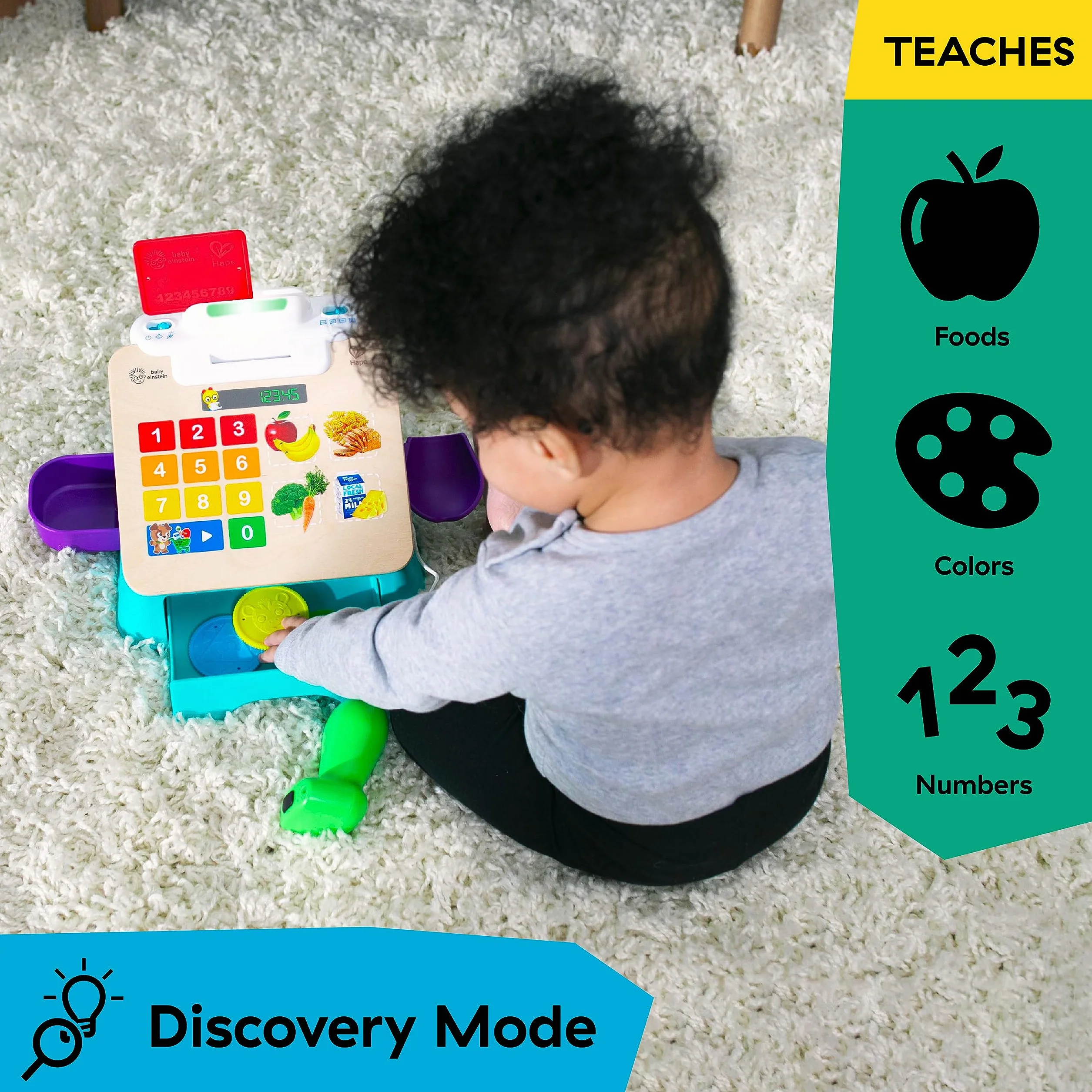Baby Einstein + Hape Magic Touch Cash Register Pretend to Check Out Toy, z prawdziwymi dźwiękami i muzyką, dla dzieci w wieku od 9 miesięcy