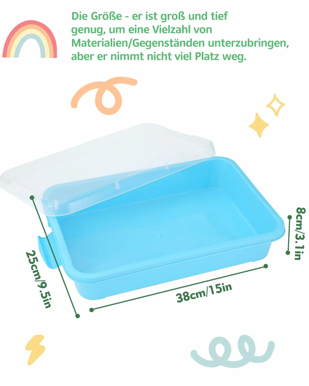 Sensoryczna taca do zabawy z pokrywką, piaskownica, 2 szt., 38 cm, przenośna, duża, plastikowa taca wypełniona piaskiem, wodą, koralikami i nie tylko