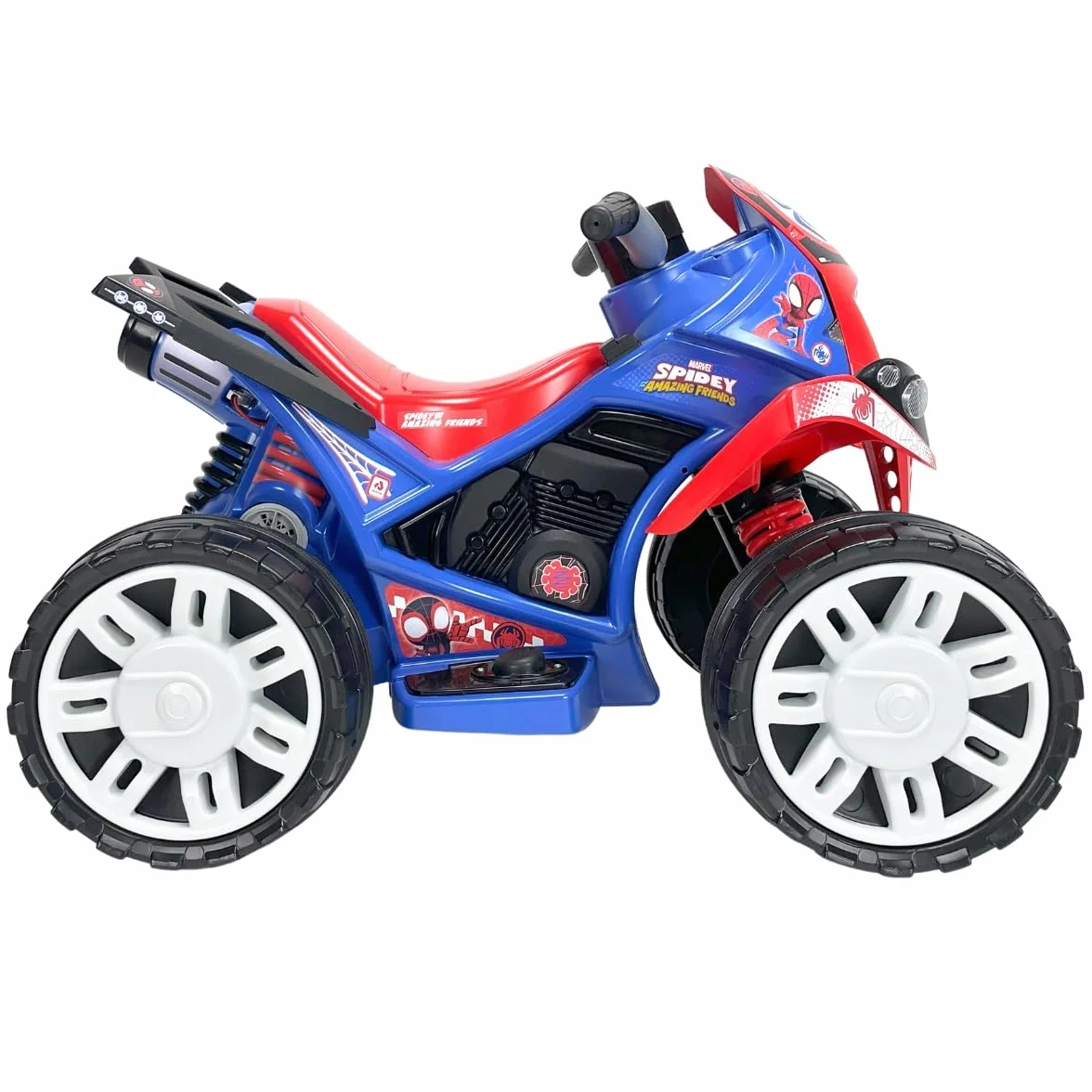 INJUSA - Quad elektryczny The Beast Spiderman, dla dzieci od 2 do 4 lat, akumulator 12 V, pedał przyspieszenia, bieg wsteczny i plastikowe koła, maksymalna prędkość 6 km/h, kolor niebieski