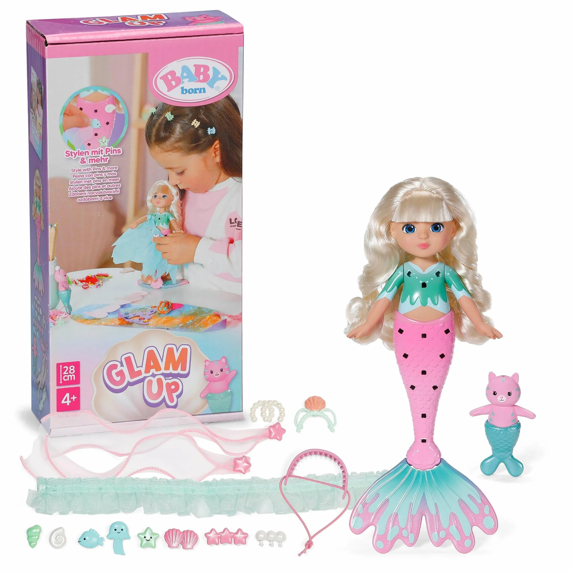 Baby Born Glam Up Sparkle, syrenka z długimi blond włosami z efektem farbowania UV, do stylizacji z akcesoriami materiałowymi i szpilkami, w zestawie przyjaciel zwierzęcia