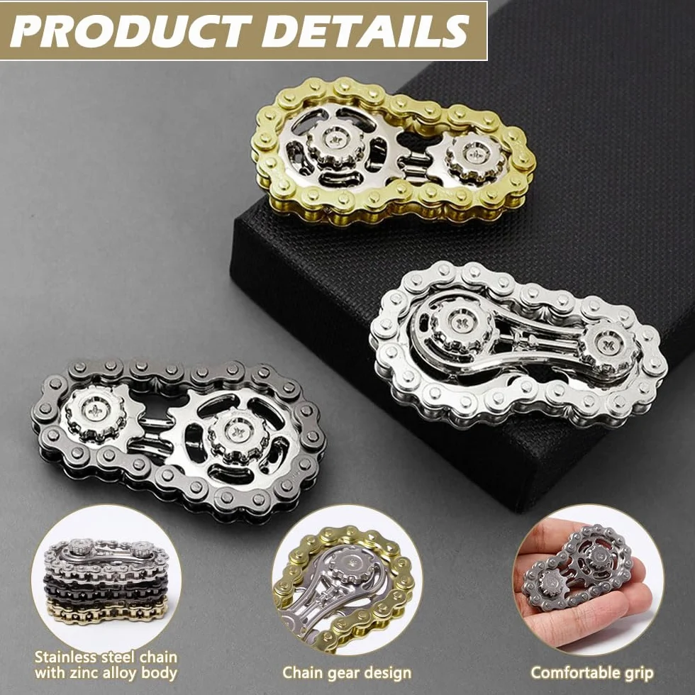 3 sztuki Fidget Spinner Toys Figit Spielzeug z 2 przekładniami Zabawka Fidget Metal Łańcuch rowerowy Trwałe i gładkie łożysko dla dorosłych i dzieci łagodzą stres, niepokój