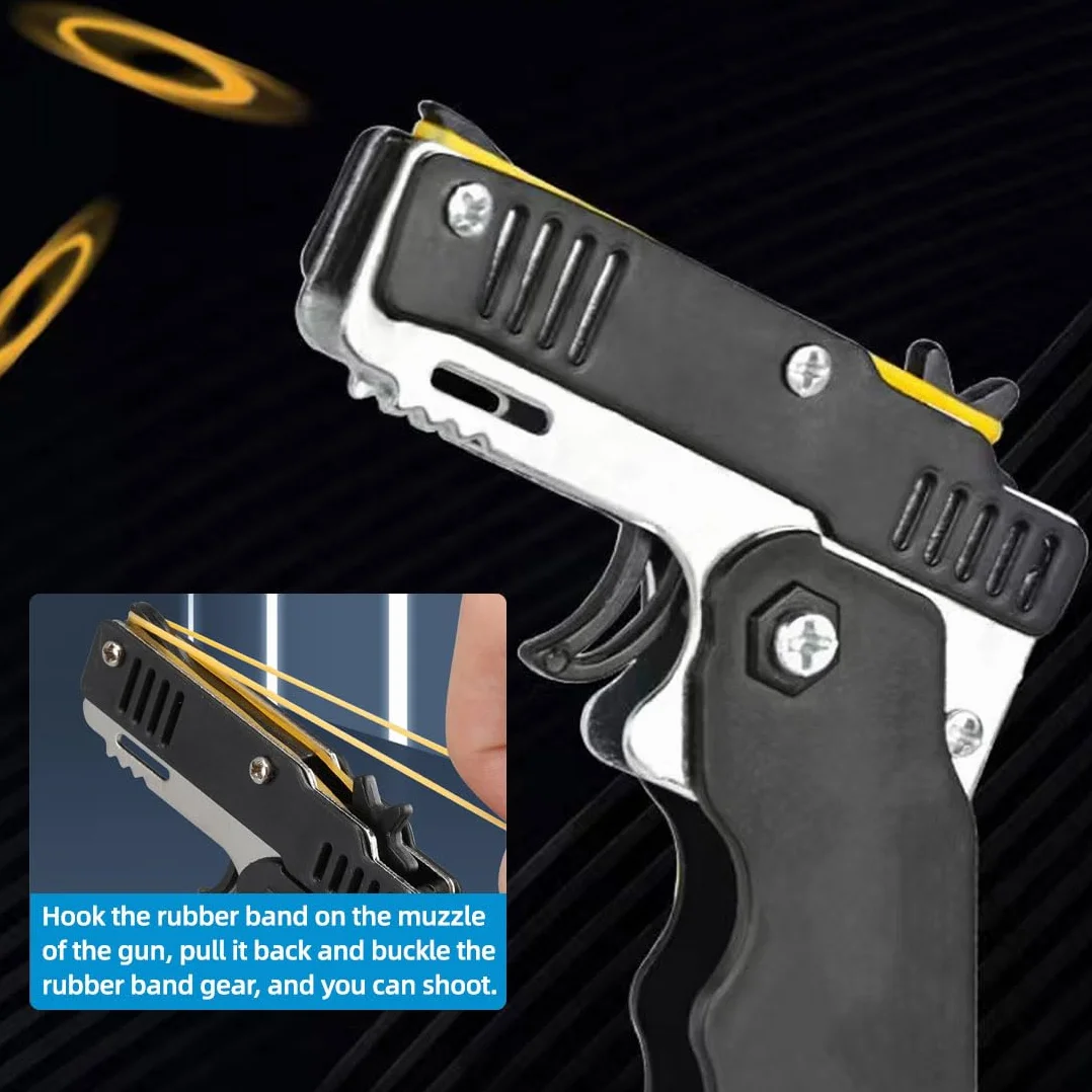 Pistolet gumowy – 1 szt. mini pistolet gumowy z metalu, składany, 6 strzałów z breloczkiem do kluczy i 60 gumowymi taśmami, metalowy składany brelok do kluczy do aktywności na świeżym powietrzu