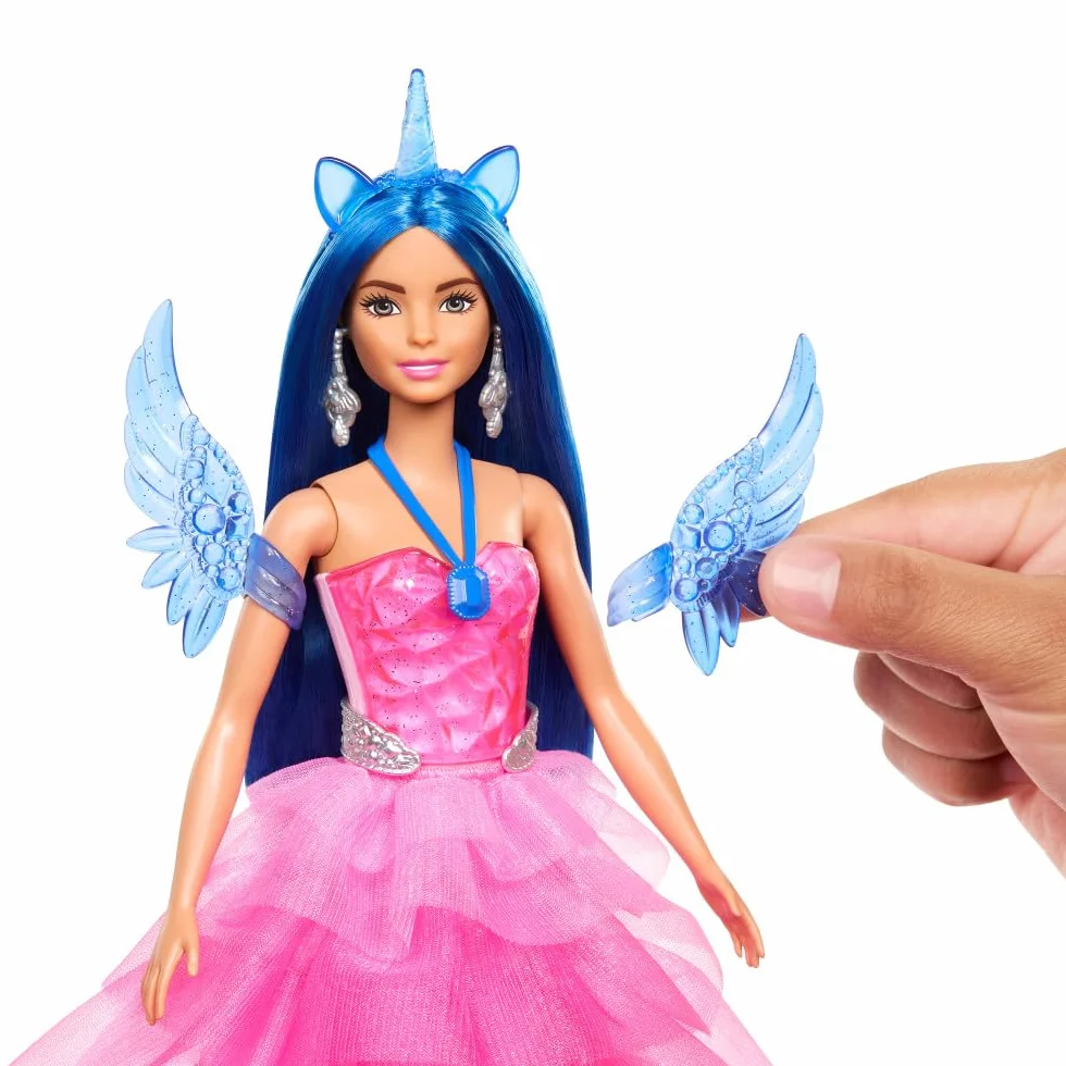 Barbie Sapphire Skrzydlaty jednorożec Lalka 65 rocznica z niebieskimi włosami, różową suknią i akcesoriami, takimi jak szafirowe skrzydełka i jednorożec ze skrzydłami, HRR16