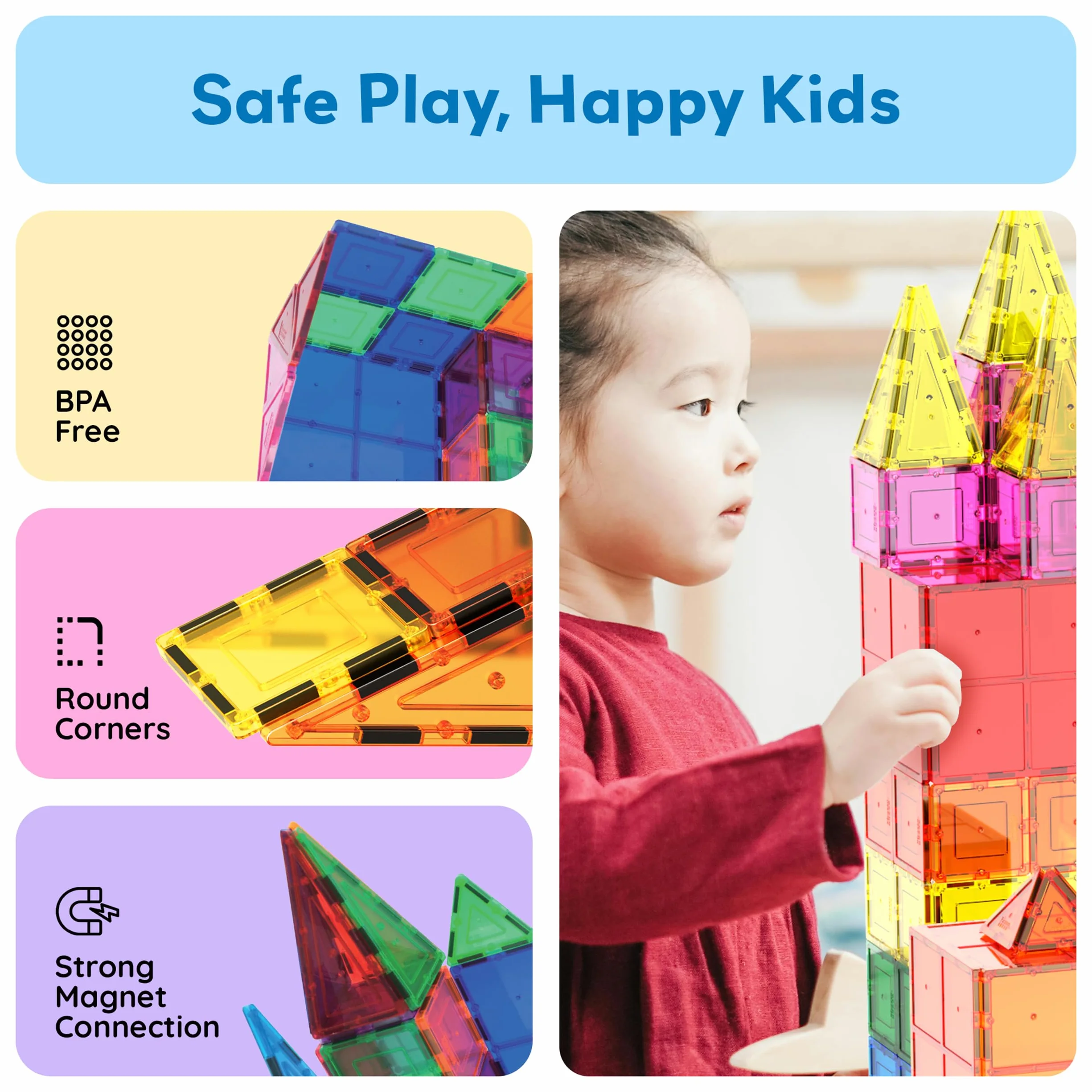 PicassoTiles Magnetic Tiles 60pcs Kids Toys Classroom Sensory Toy for Toddlers STEM Learning Building Blocks, Montessori Pretend Play Magnet Tile Construction Stacking Block Boys Girls Ages 3+ PT60