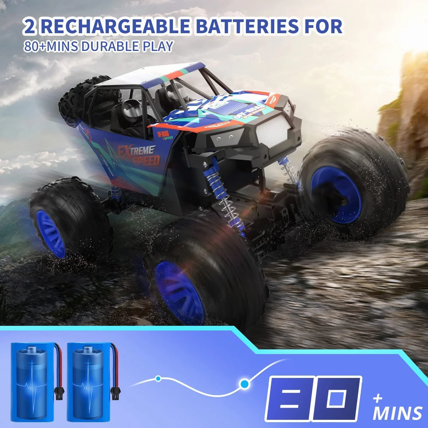 DEERC Duże samochody zdalnie sterowane 1:8 Off-Road Monster Truck z realistycznym dźwiękiem, 2,4 GHz 4WD Rock Crawler zabawka na każdy teren, 2 baterie na 80 minut zabawy