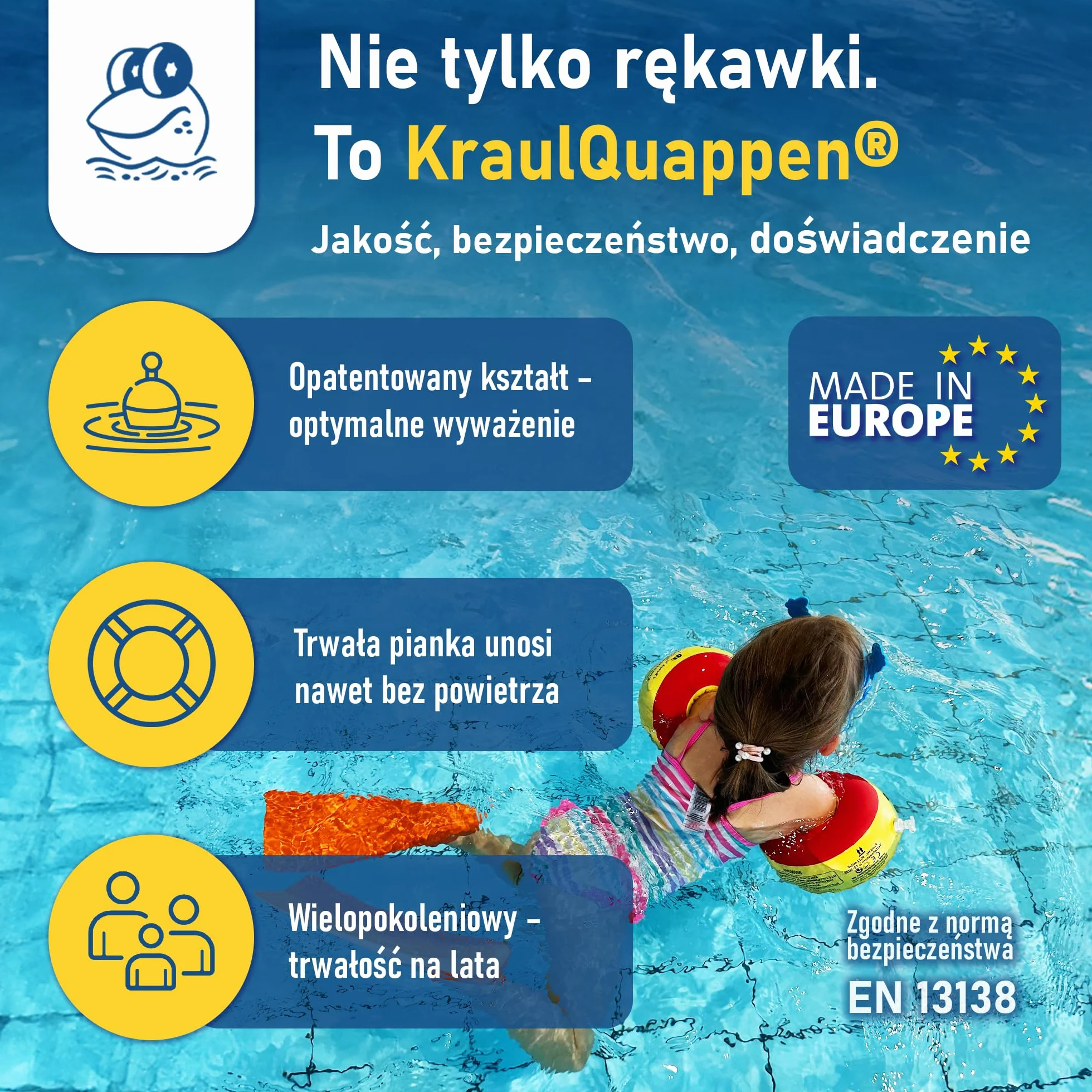 Cherek’s KraulQuappen Rękawki do nauki pływania dla zaawansowanych dzieci do 30 kg – kompaktowe rękawki wypornościowe z rdzeniem piankowym – pomoc do nauki pływania żółto-czerwone