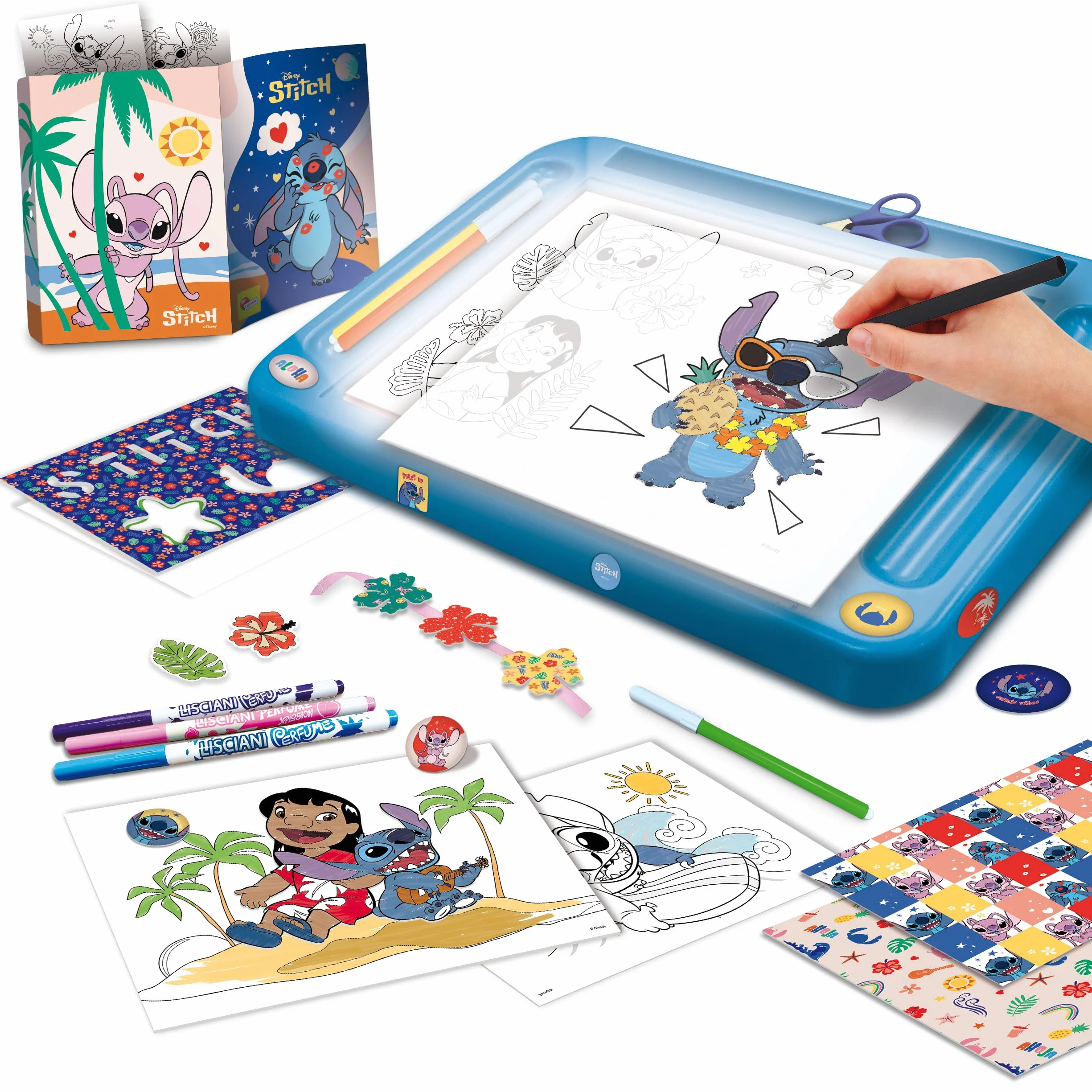 Liscianigiochi Lisciani Disney Stitch - szkoła rysowania projekcyjnego dla dzieci od 5 lat - naucz się rysować ściegiem na lekkim stole A4 - zawiera szablony, naklejki, filc zapachowy i nie tylko
