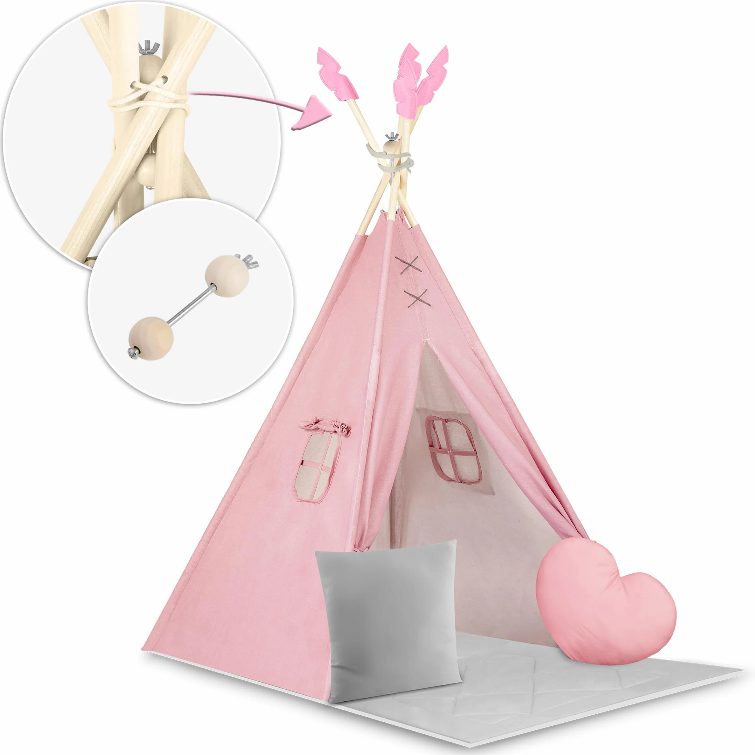 Nukido namiot dla dzieci tipi teepee wigwam z girlandą, poduszkami, dużą matą i stabilizatorem różowo-szary
