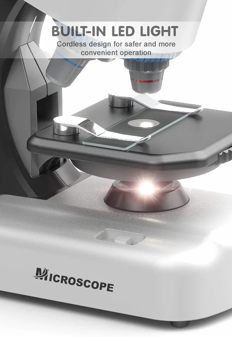 Mikroskop STEM dla dzieci, do 40-1200x, puste i przygotowane slajdy, wbudowane światło LED i skonfigurowane różne narzędzia operacyjne, zestaw mikroskopów naukowych dla dzieci