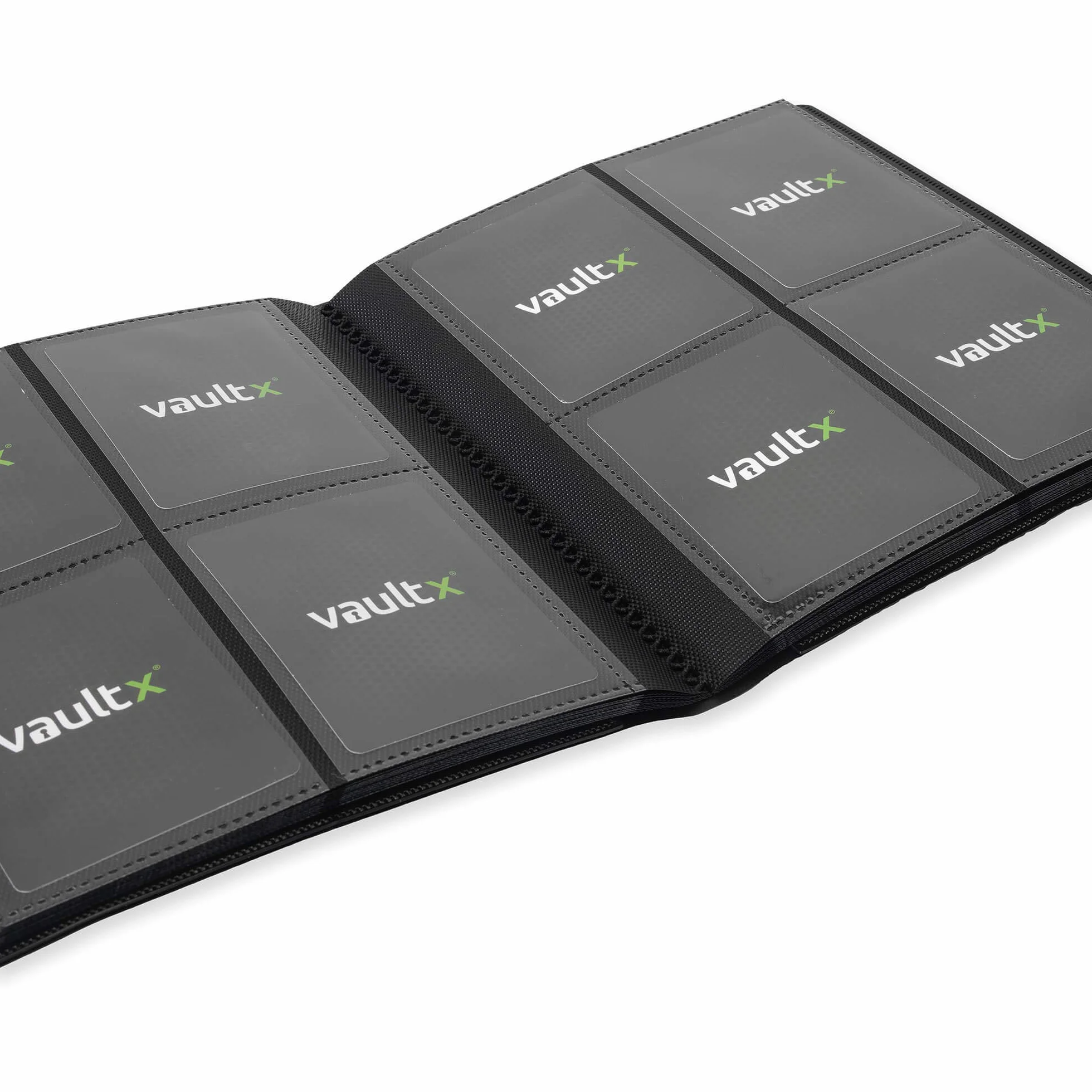 Vault X 4-kieszeniowy segregator na karty kolekcjonerskie z paskiem, 160 kart, wersja standardowa, 20 stron bocznie ładowanych, folder na gry kolekcjonerskie, sportowe, TCG (Czarny)