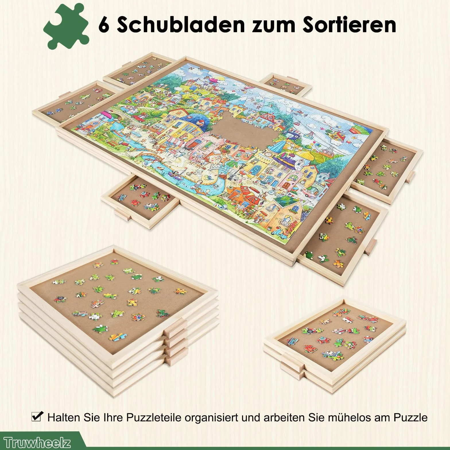1500-elementowa obrotowa układanka z 6 szufladami i pokrywą, przenośny drewniany stół do układanek,64x 87cm dla dorosłych, obrotowa układanka Lazy Susan, prezent świąteczny dla mamy