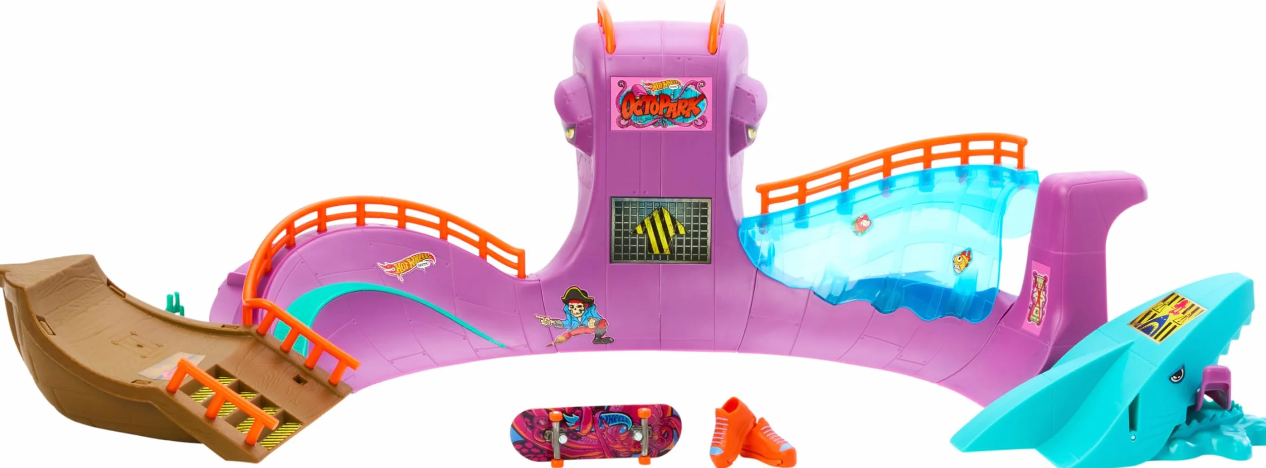 Hot Wheels Skate Skatepark ośmiornicy Duży zestaw z wyjątkową deskorolką do jazdy palcami i parą zdejmowanych butów deskorolkowych, miejsce do przechowywania deskorolek i butów, HMK01