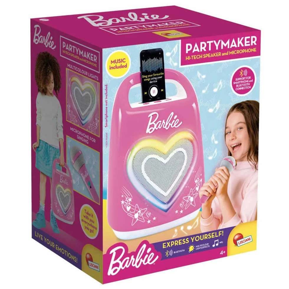 Lisciani - Barbie PARTYMAKER zaawansowany technologicznie głośnik i mikrofon - karaoke dla dzieci od 4 lat - mikrofon i głośnik Bluetooth - Łączność ze smartfonem - efekty świetlne - muzyka i impreza